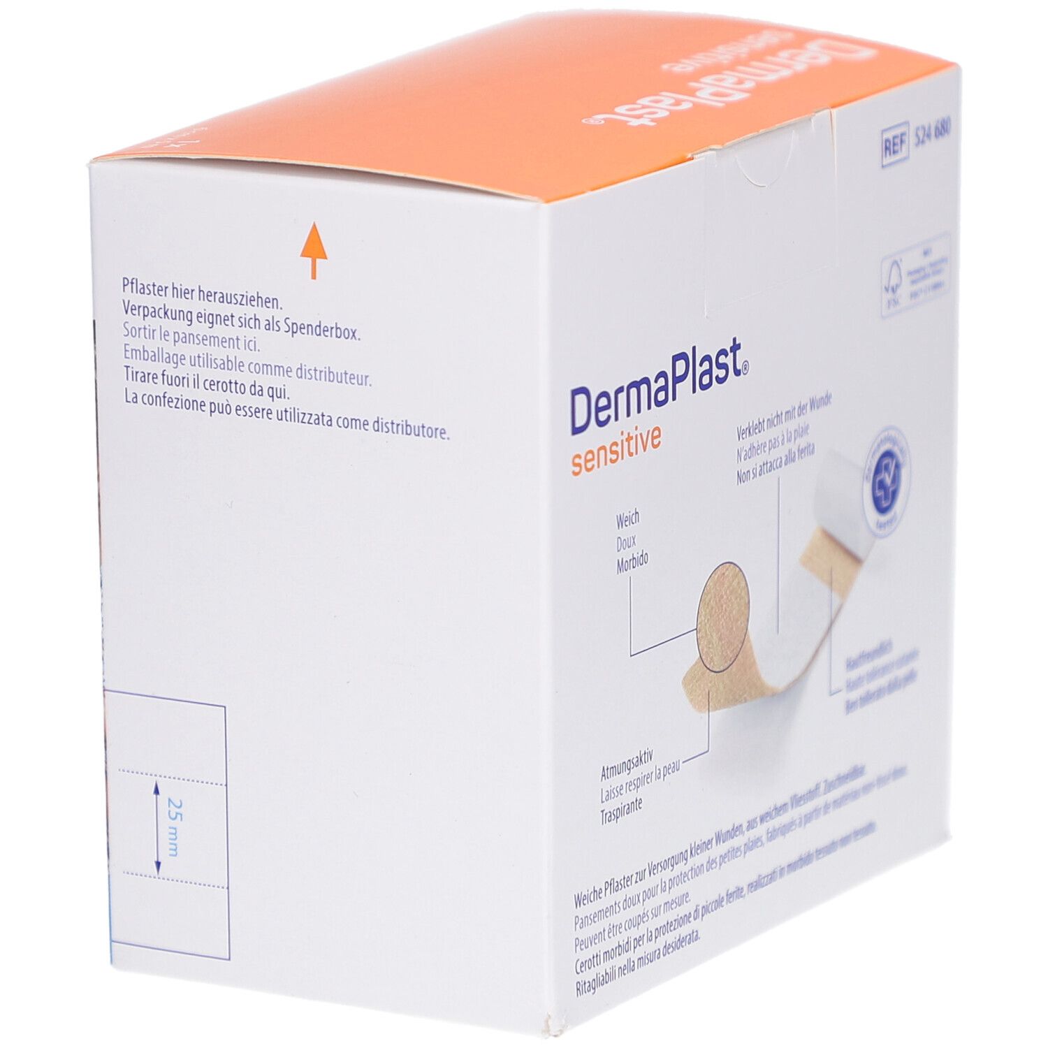 DERMAPLAST® sensitive Verpackung. Pflaster-Details, dermatologisch getestet. Pfeil für Spenderbox.