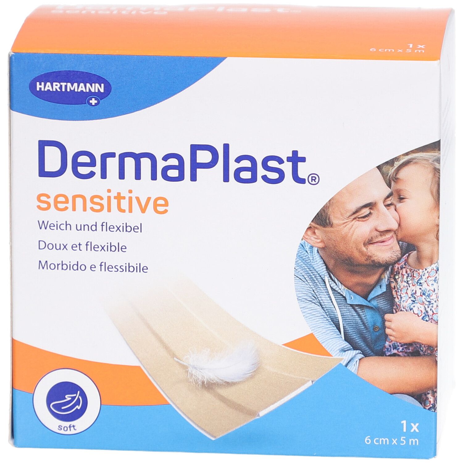 Karton DERMAPLAST® sensitive. Beige Pflaster, 6 cm x 5 m. Weich und flexibel. Abbildung eines Vaters und Kindes.