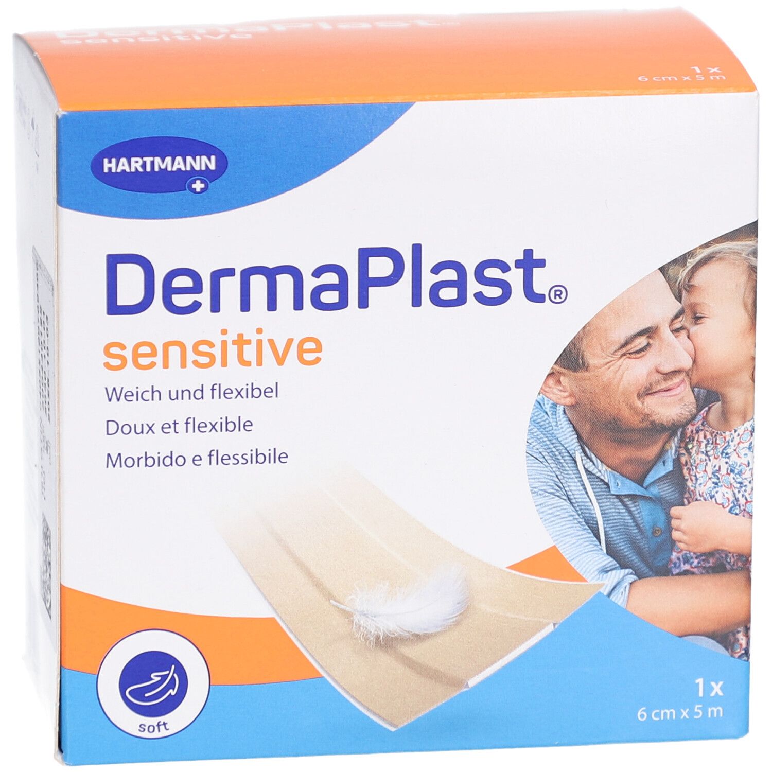 Karton DERMAPLAST® sensitive. Beige Pflaster, 6 cm x 5 m. Weich und flexibel. Abbildung eines Vaters und Kindes.