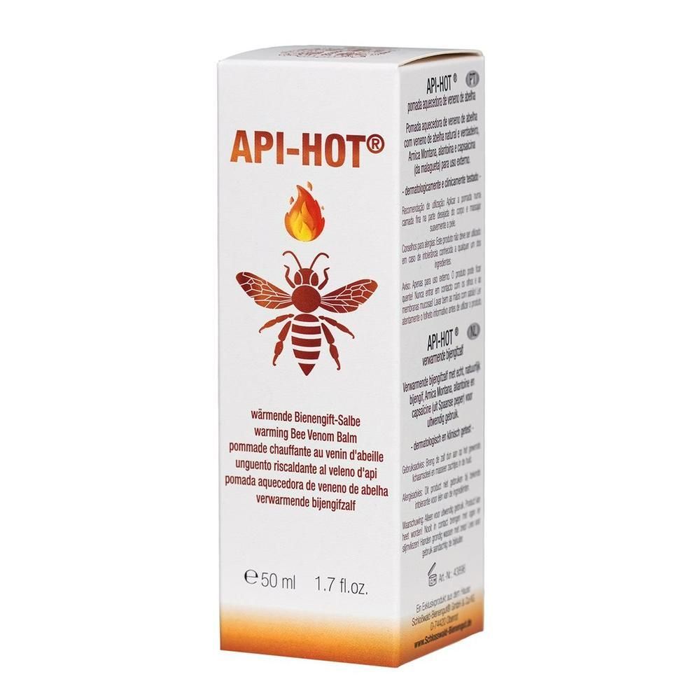 API-HOT Salbe in einer weißen Schachtel. Logo: Biene mit Flamme. Text: wärmende Bienengift-Salbe. 50 ml.
