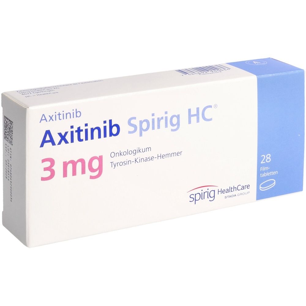Boîte d'Axitinib Spirig HC. Inscription : 3 mg, 28 comprimés pelliculés. Fabricant : Spirig HealthCare. Produit oncologique.