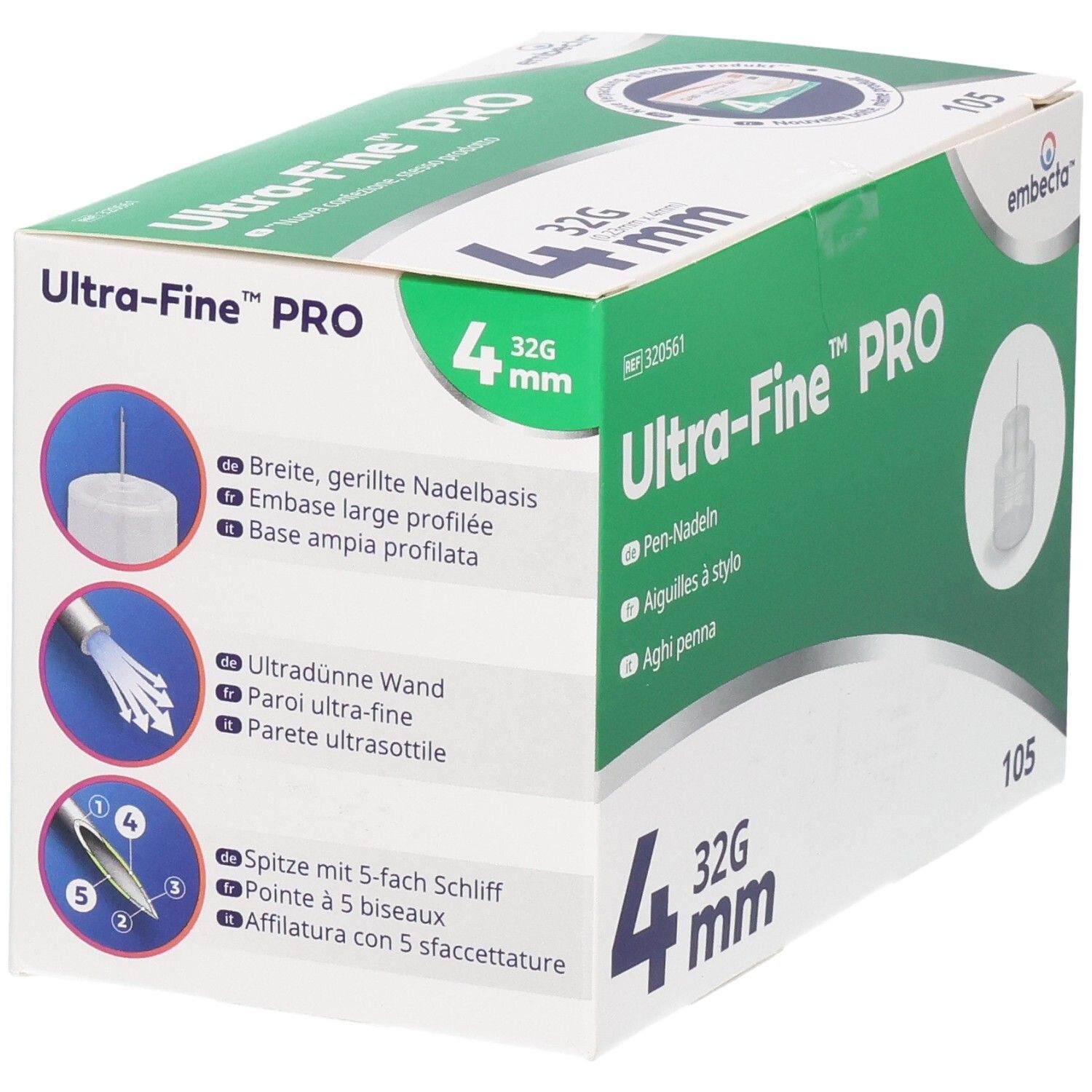 Verpackung mit 105 embecta Ultra-Fine PRO Pen-Nadeln, 32G, 4mm. Zeigt Nadelspitze und Wandstärke.