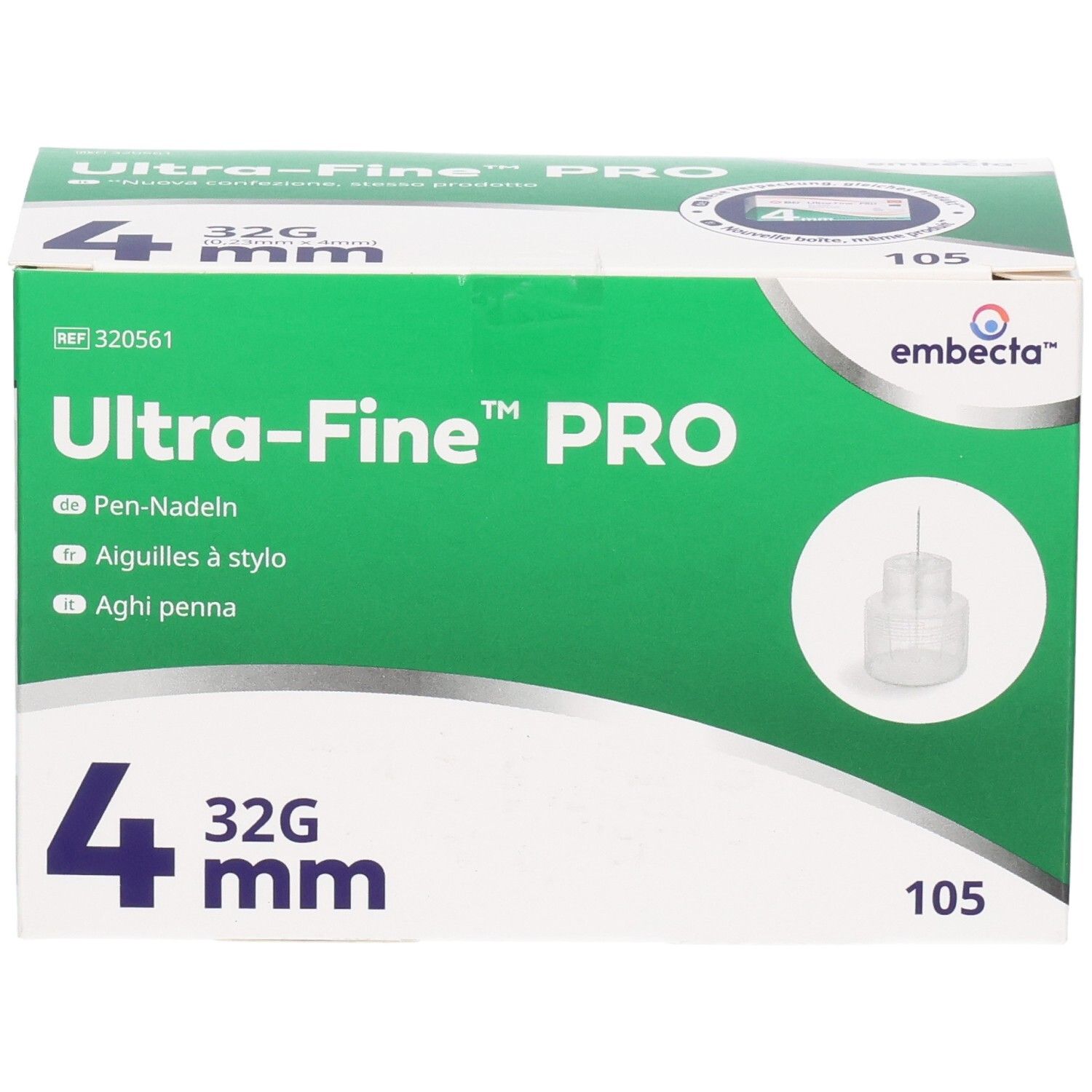 Verpackung mit 105 embecta Ultra-Fine PRO Pen-Nadeln, 32G, 4mm. Vorderseite.