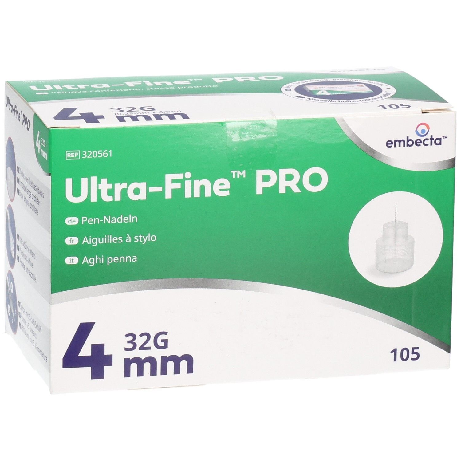 Verpackung mit 105 embecta Ultra-Fine PRO Pen-Nadeln, 32G, 4mm. Schrägansicht.