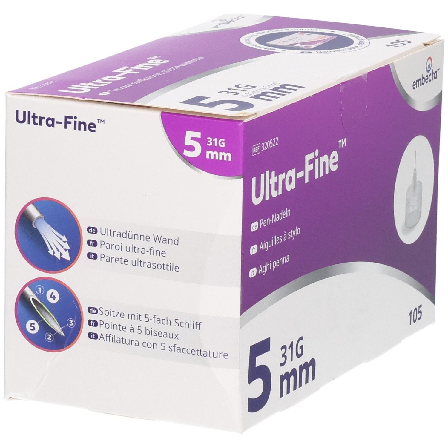 Verpackung für Ultra-Fine Pen-Nadeln, 31G, 5 mm. Zeigt Nadelspitze und dünne Wand.
