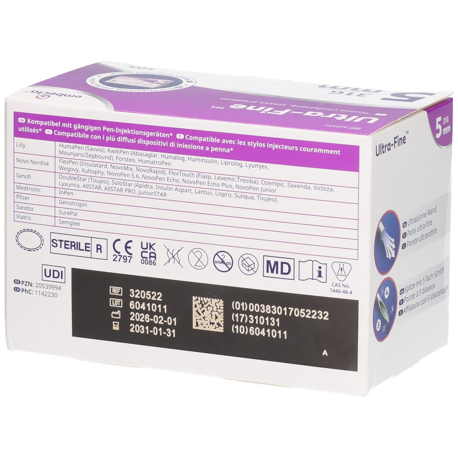 Verpackung für Ultra-Fine 5mm Pen-Nadeln, steril, kompatibel mit gängigen Pen-Injektionsgeräten.