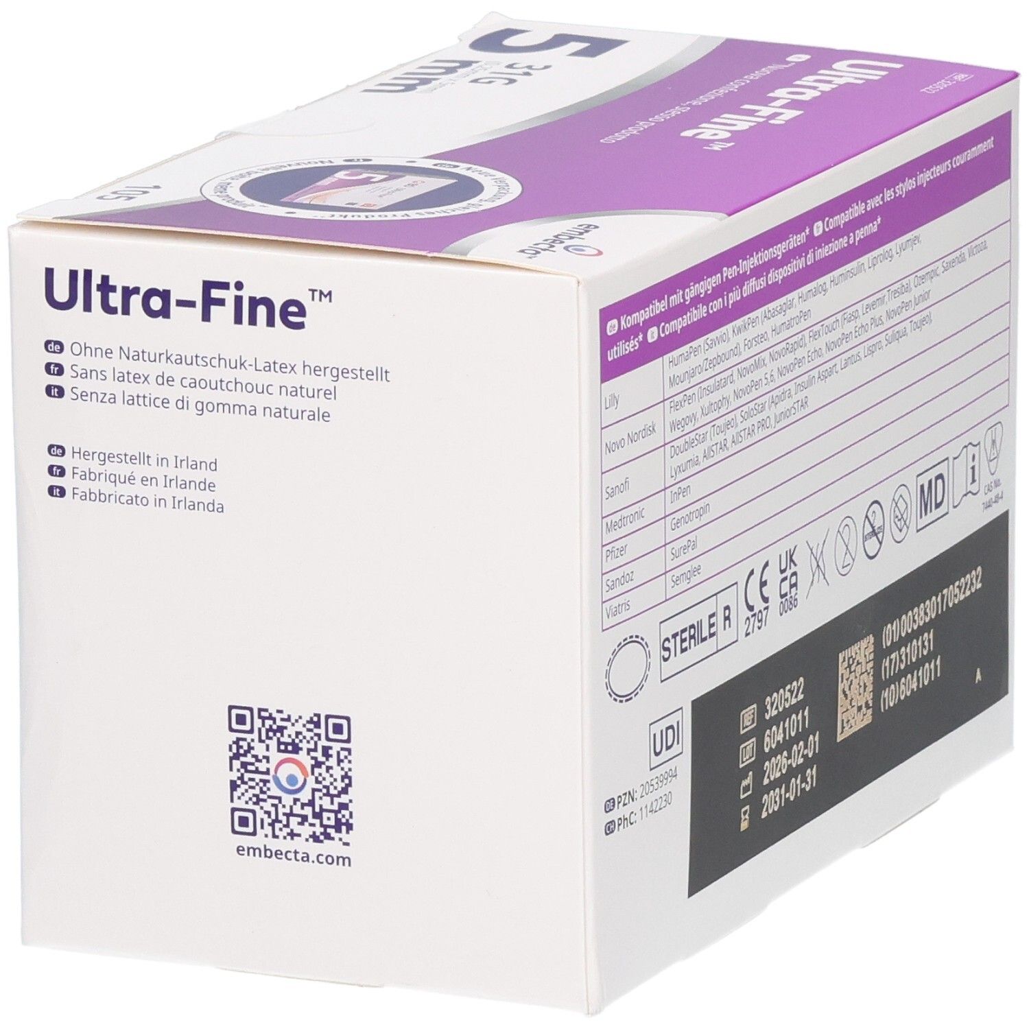 Verpackung für Ultra-Fine 5mm Spritzen, latexfrei, hergestellt in Irland.