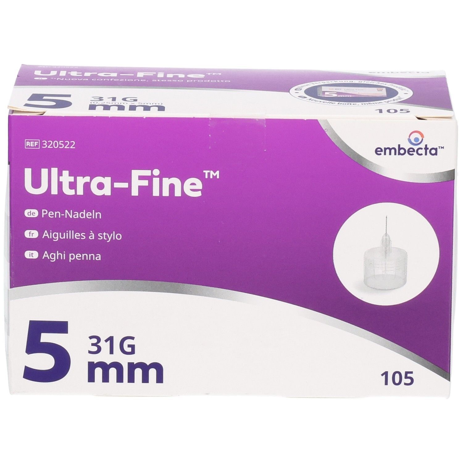 Verpackung mit 105 Ultra-Fine 5mm 31G Pen-Nadeln.