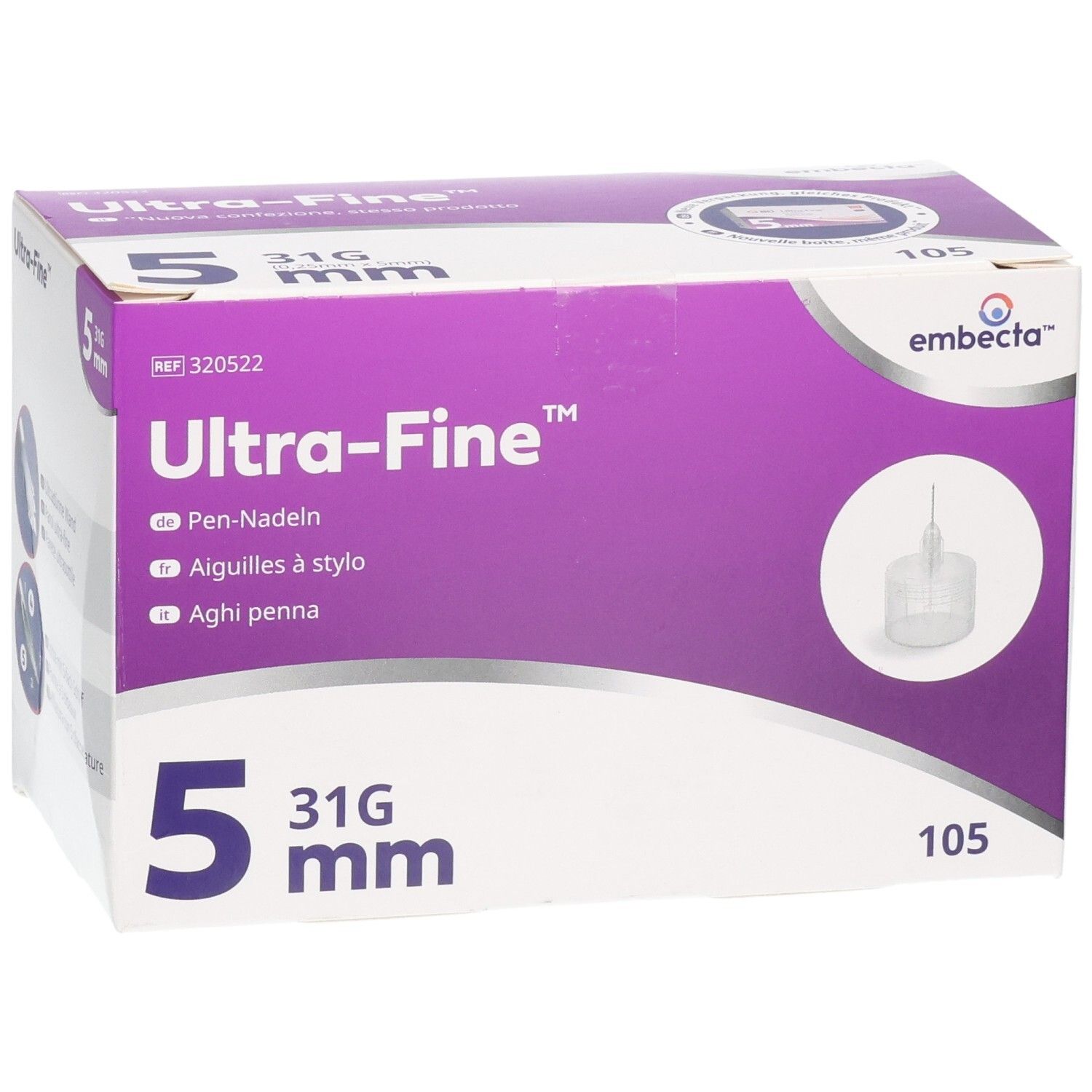 Verpackung für Ultra-Fine Pen-Nadeln, 5 mm, 31G, 105 Stück.