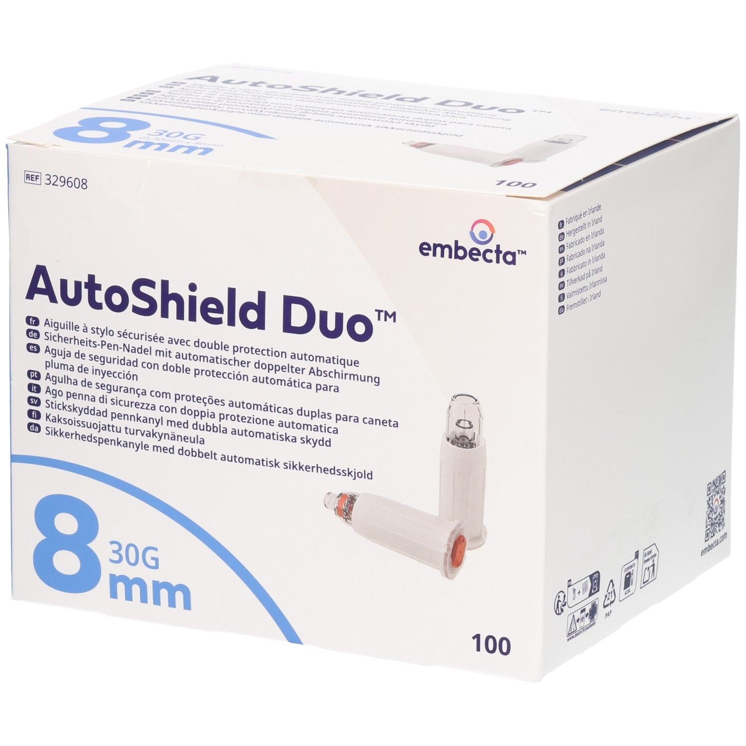 Verpackung für AutoShield Duo Pen-Nadeln, 8mm, 30G, 100 Stück.