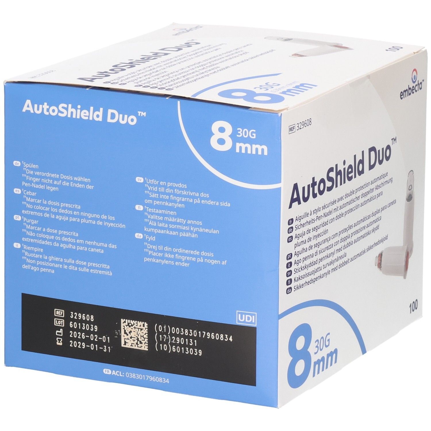 Verpackung für AutoShield Duo 8mm 30G Injektionsnadeln mit doppeltem Schutz.