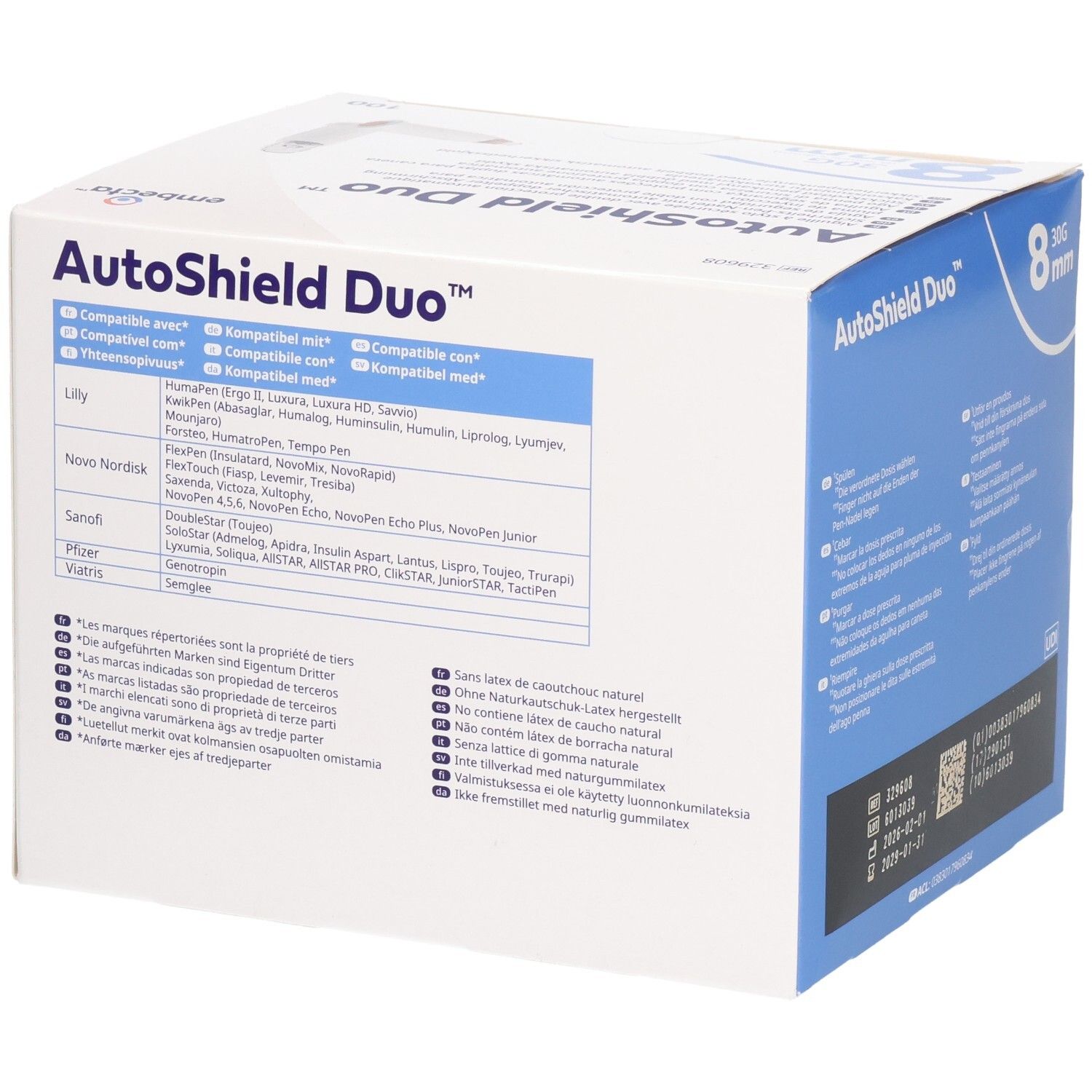 Verpackung für AutoShield Duo, 8mm Nadeln. Kompatibilitätsliste für Insulinpens sichtbar.