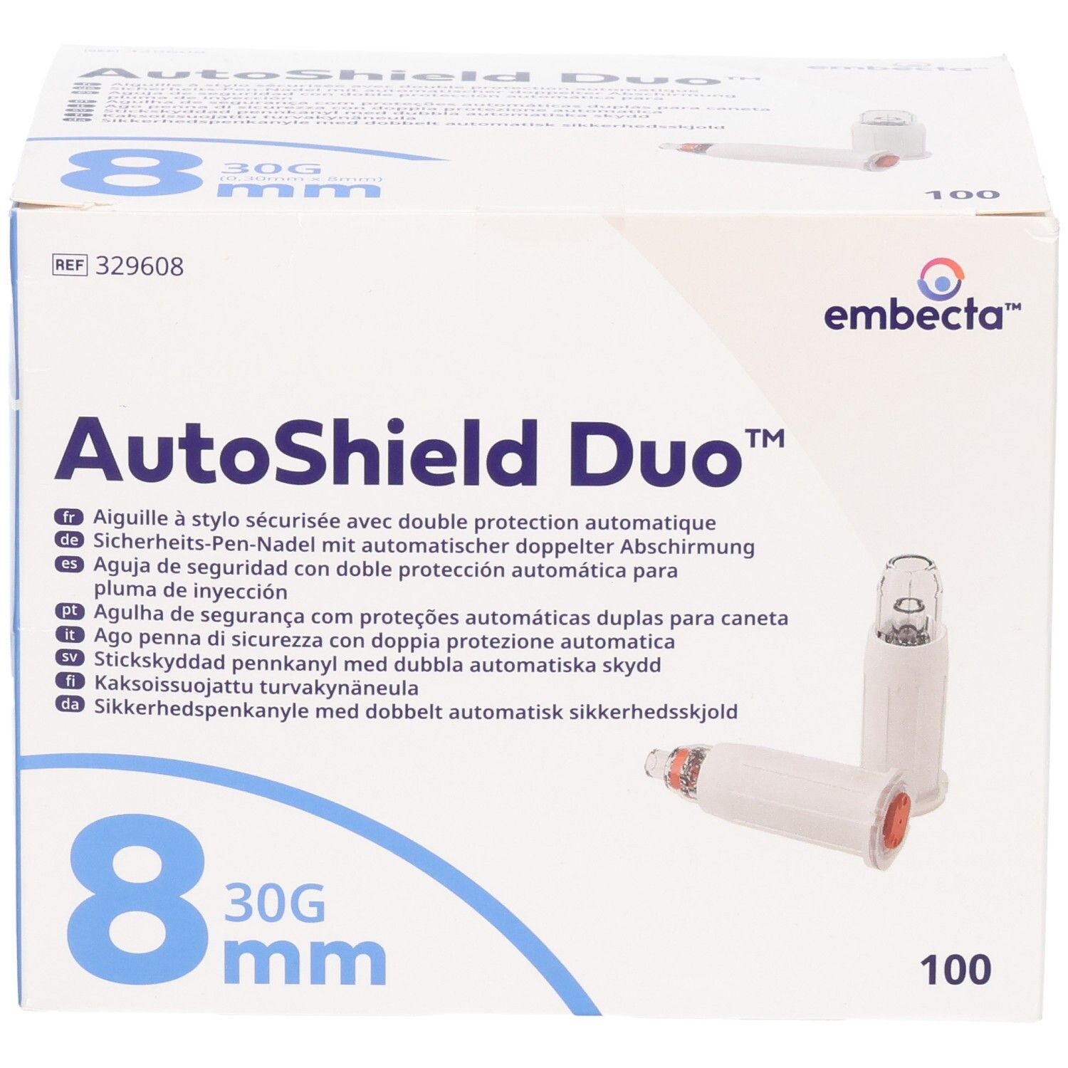 Packung mit 100 AutoShield Duo Pen-Nadeln, 30G, 8mm.