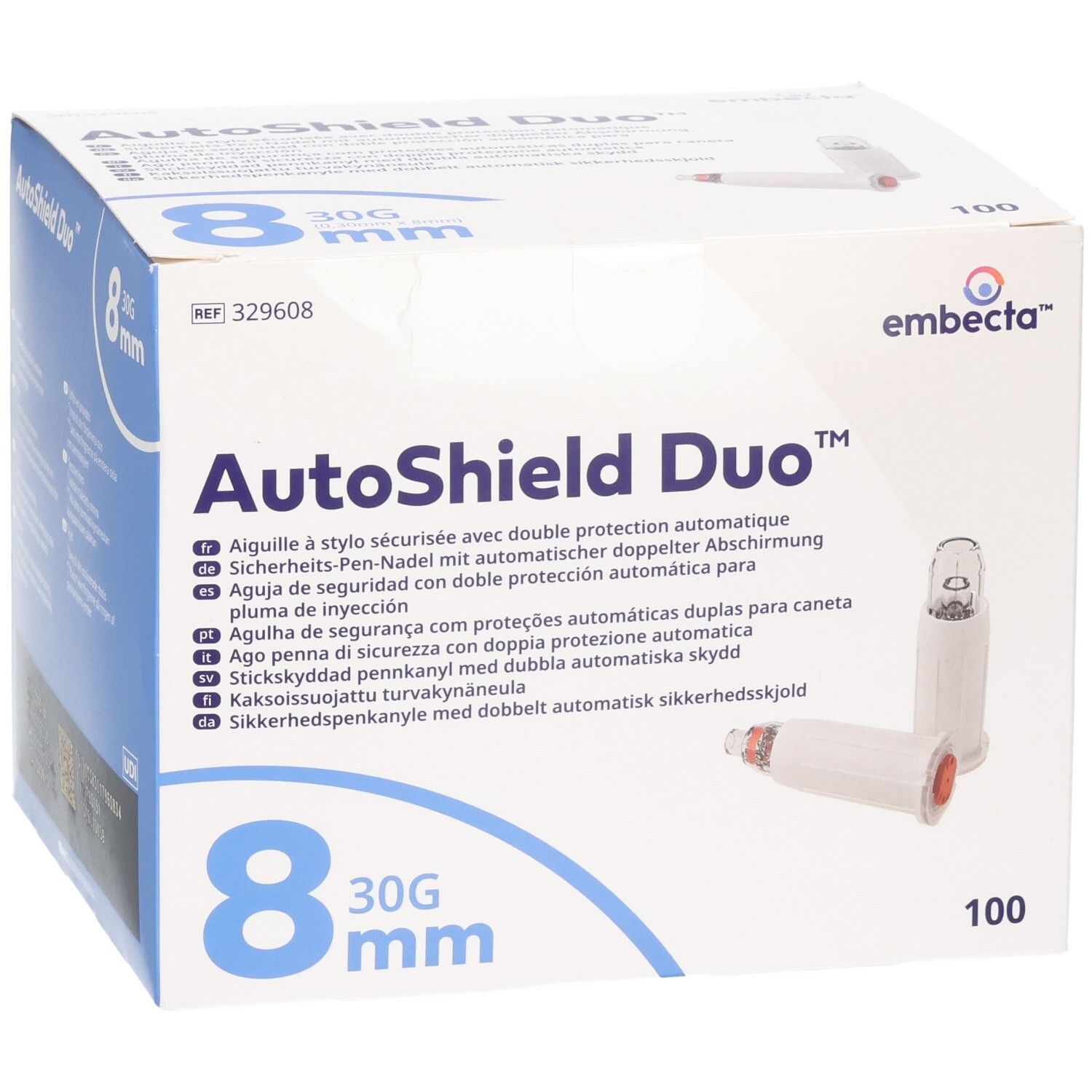 Verpackung für AutoShield Duo Sicherheits-Pen-Nadeln, 8mm, 30G, 100 Stück.