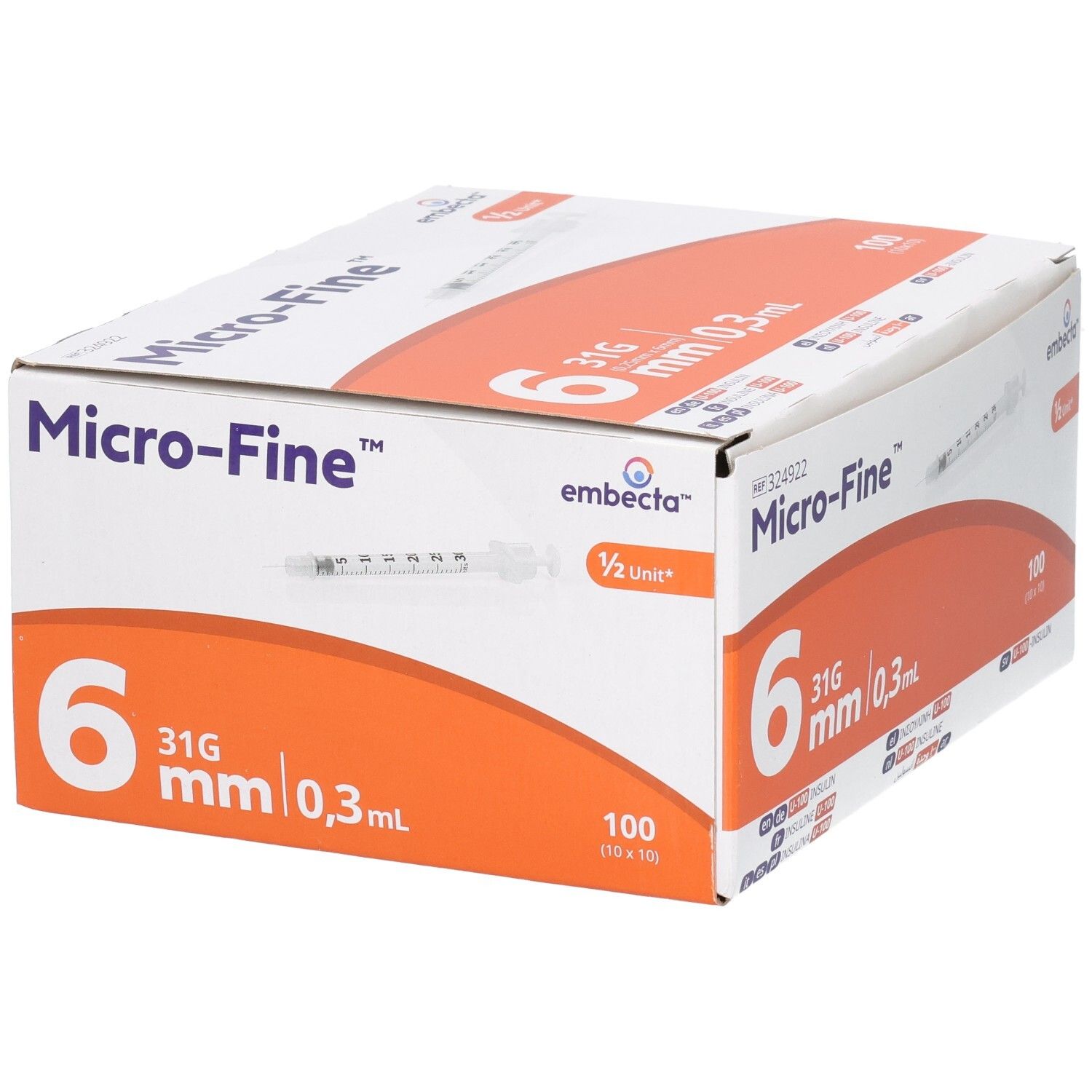 Verpackung mit 100 Micro-Fine Insulin-Spritzen, 6mm, 31G, 0,3ml.