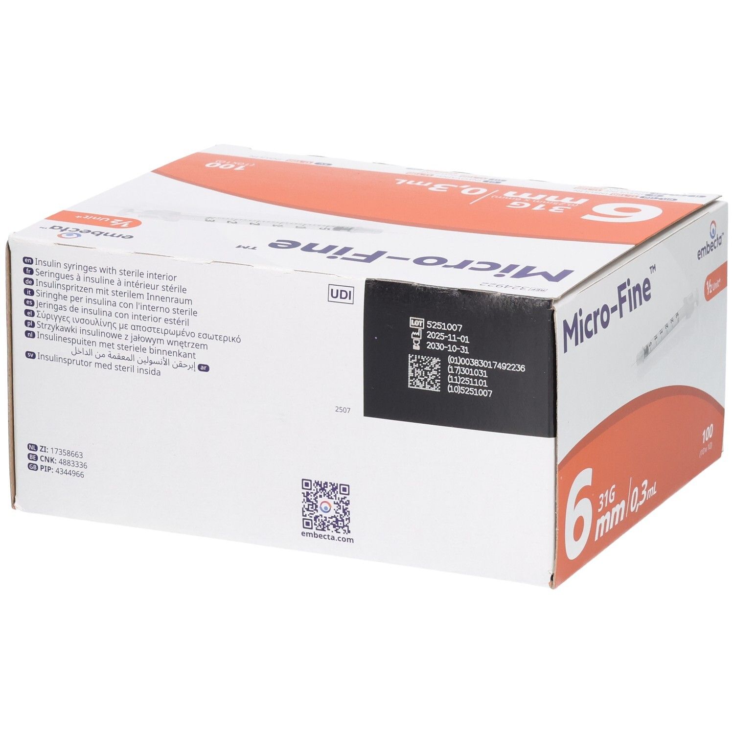 Rückseite der Verpackung mit 100 Micro-Fine Insulin-Spritzen, 6mm, 31G, 0,3ml.
