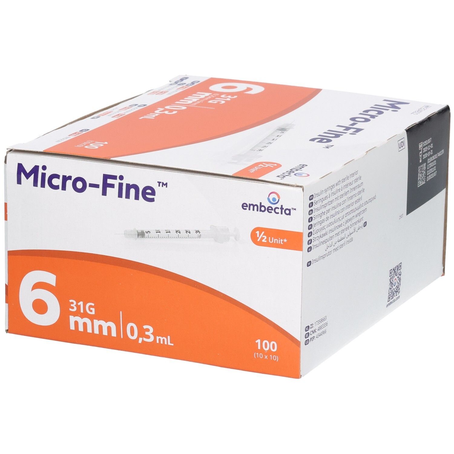 Verpackung mit 100 Micro-Fine Insulin-Spritzen, 6mm, 31G, 0,3ml.