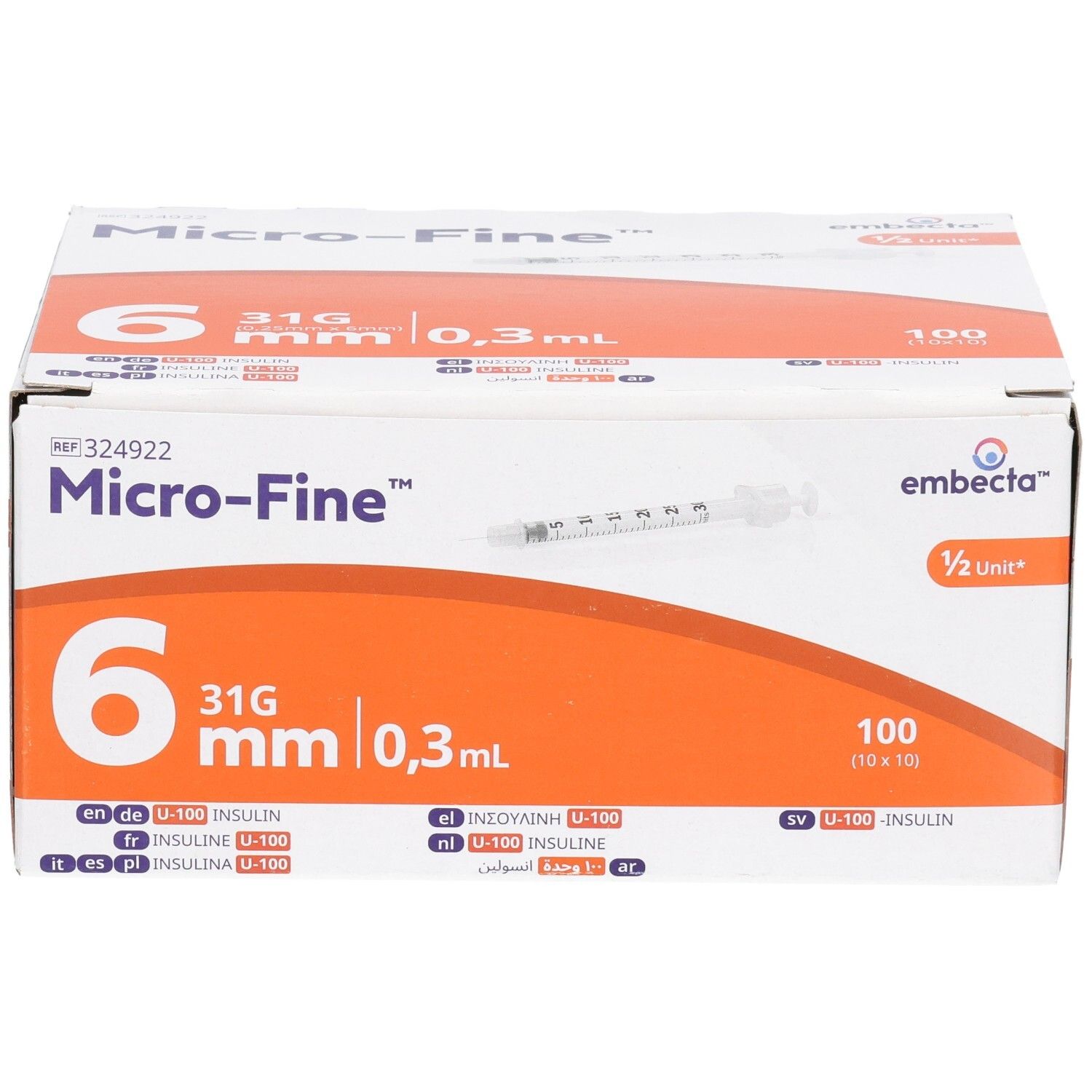 Vorderseite der Verpackung mit 100 Micro-Fine Insulin-Spritzen, 6mm, 31G, 0,3ml.