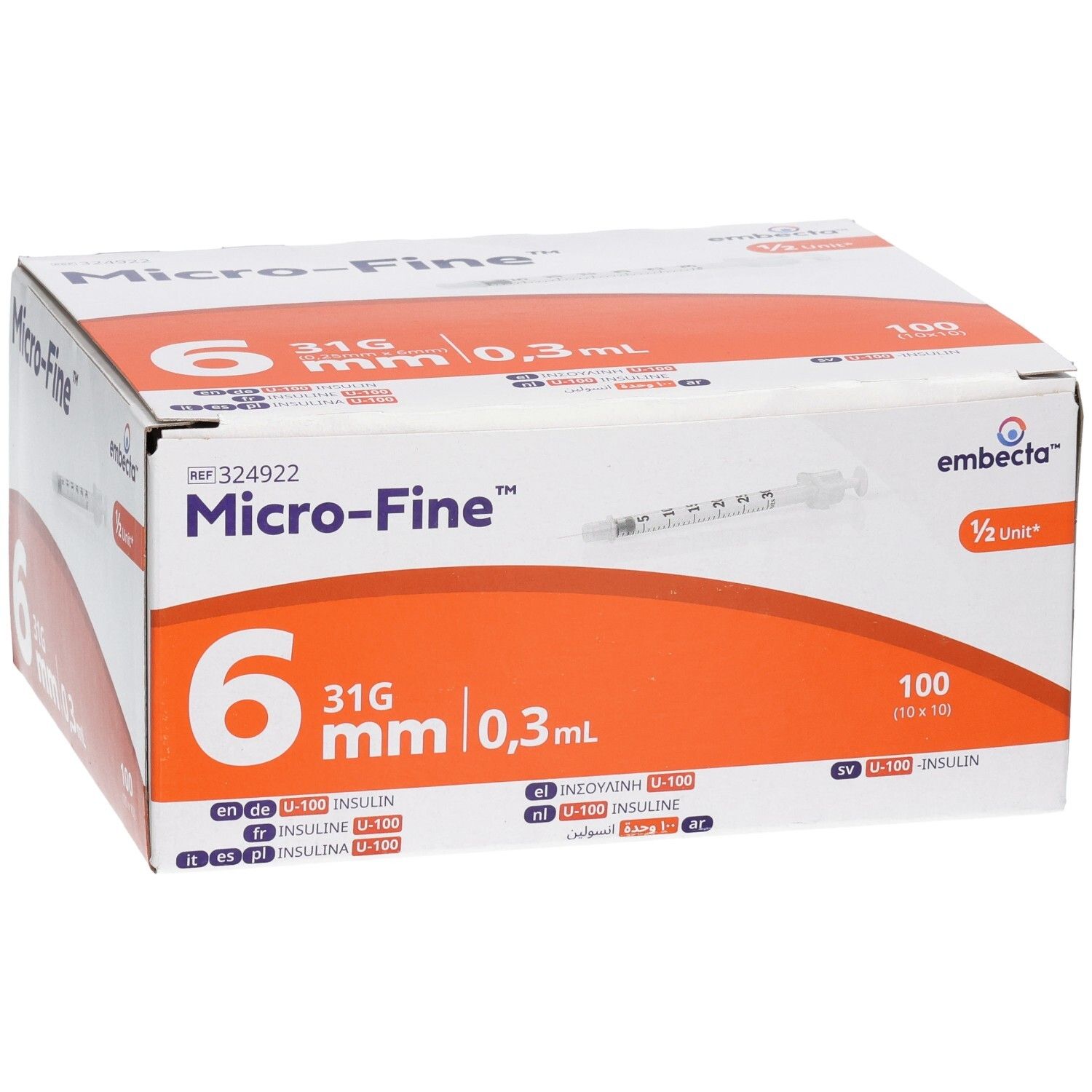 Verpackung mit 100 Micro-Fine Insulin-Spritzen, 6mm, 31G, 0,3ml.