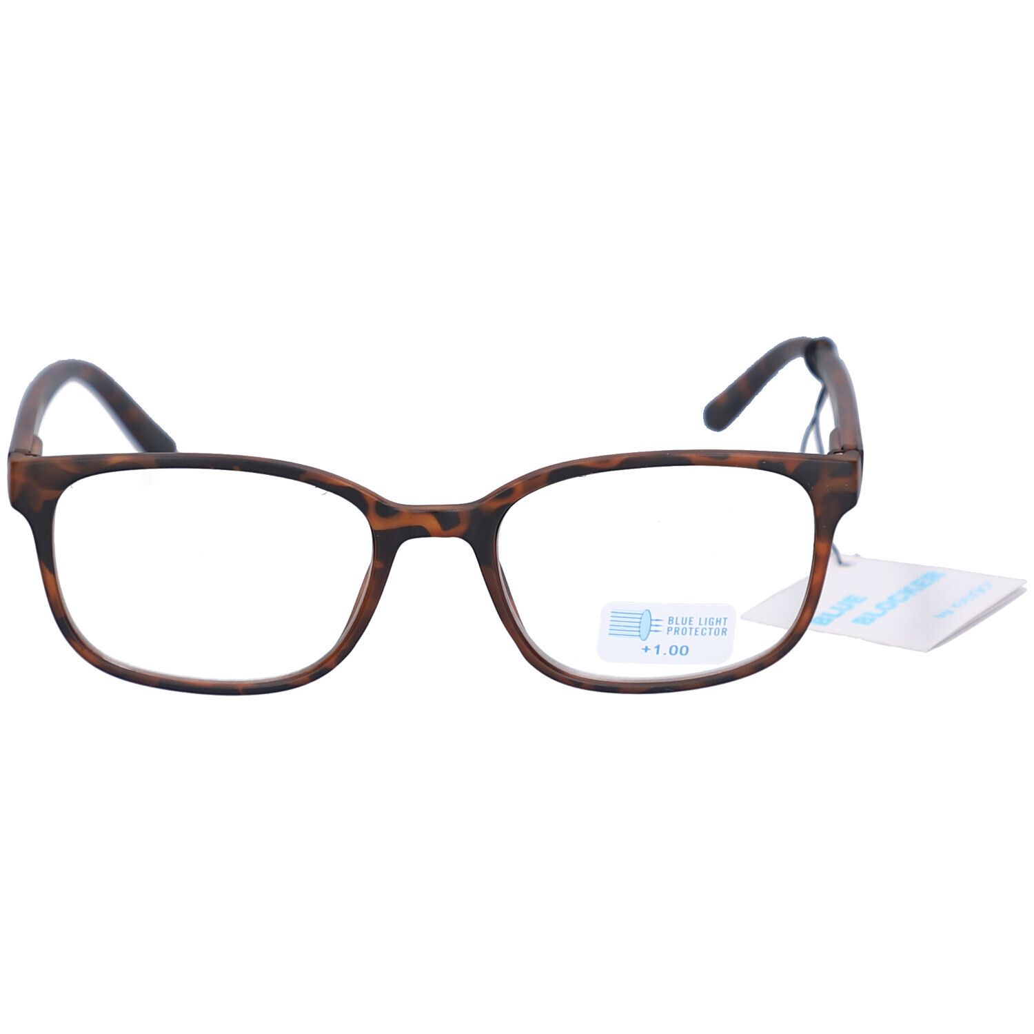 Lunettes à monture marron et verres rectangulaires. Étiquette avec texte sur la branche. Protection lumière bleue +1.00.