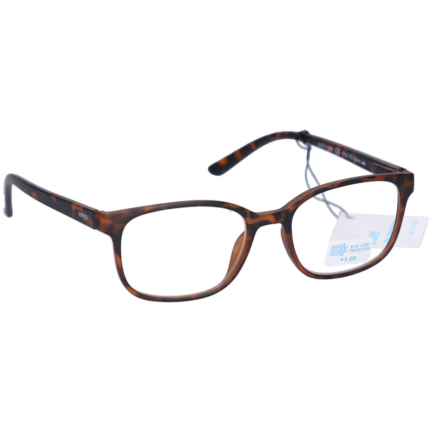 Lunettes à monture marron et verres rectangulaires. Étiquette avec texte sur la branche. Protection lumière bleue +1.00.
