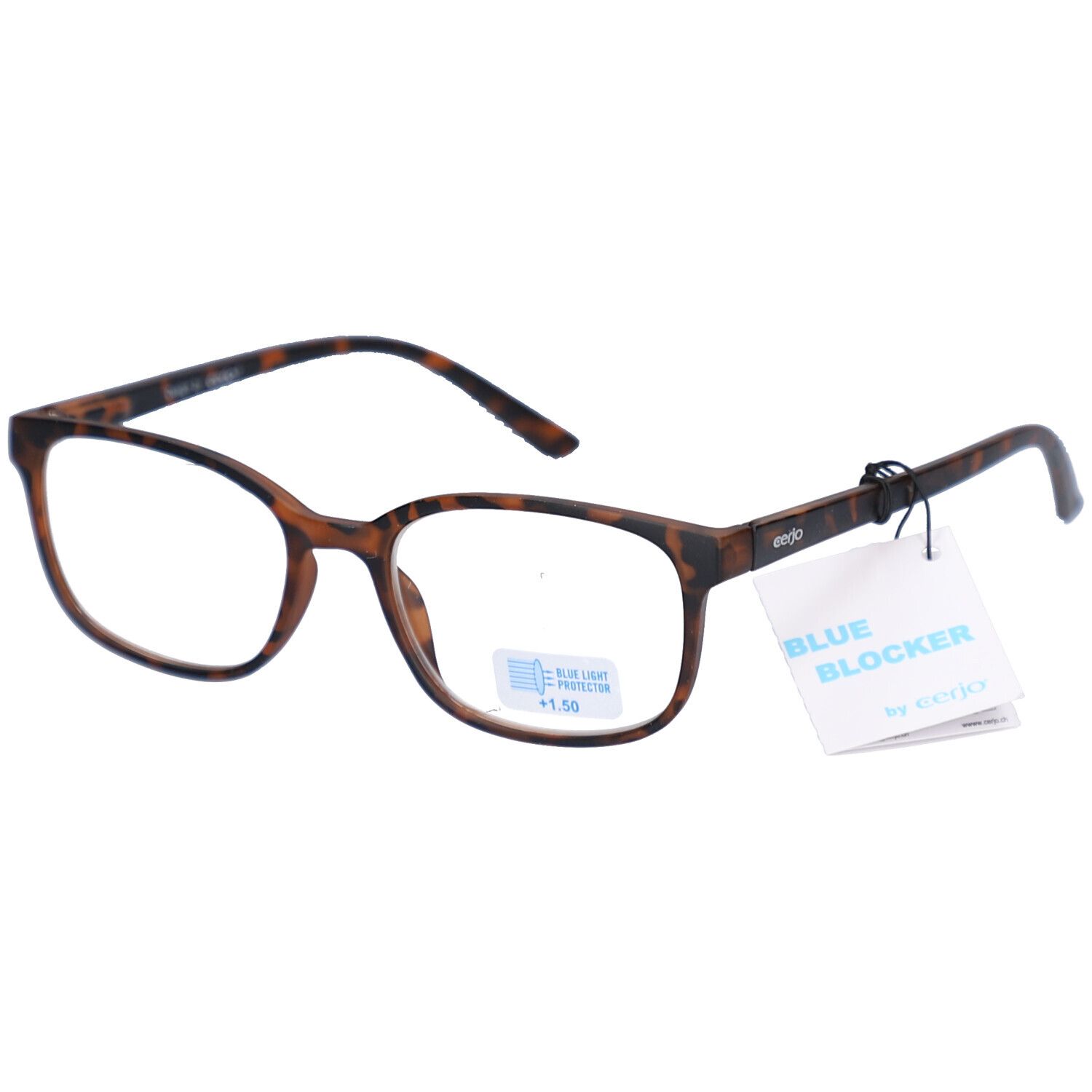 Lunettes à monture marron et verres rectangulaires. Étiquette "Blue Blocker". Sur le verre: +1.50.