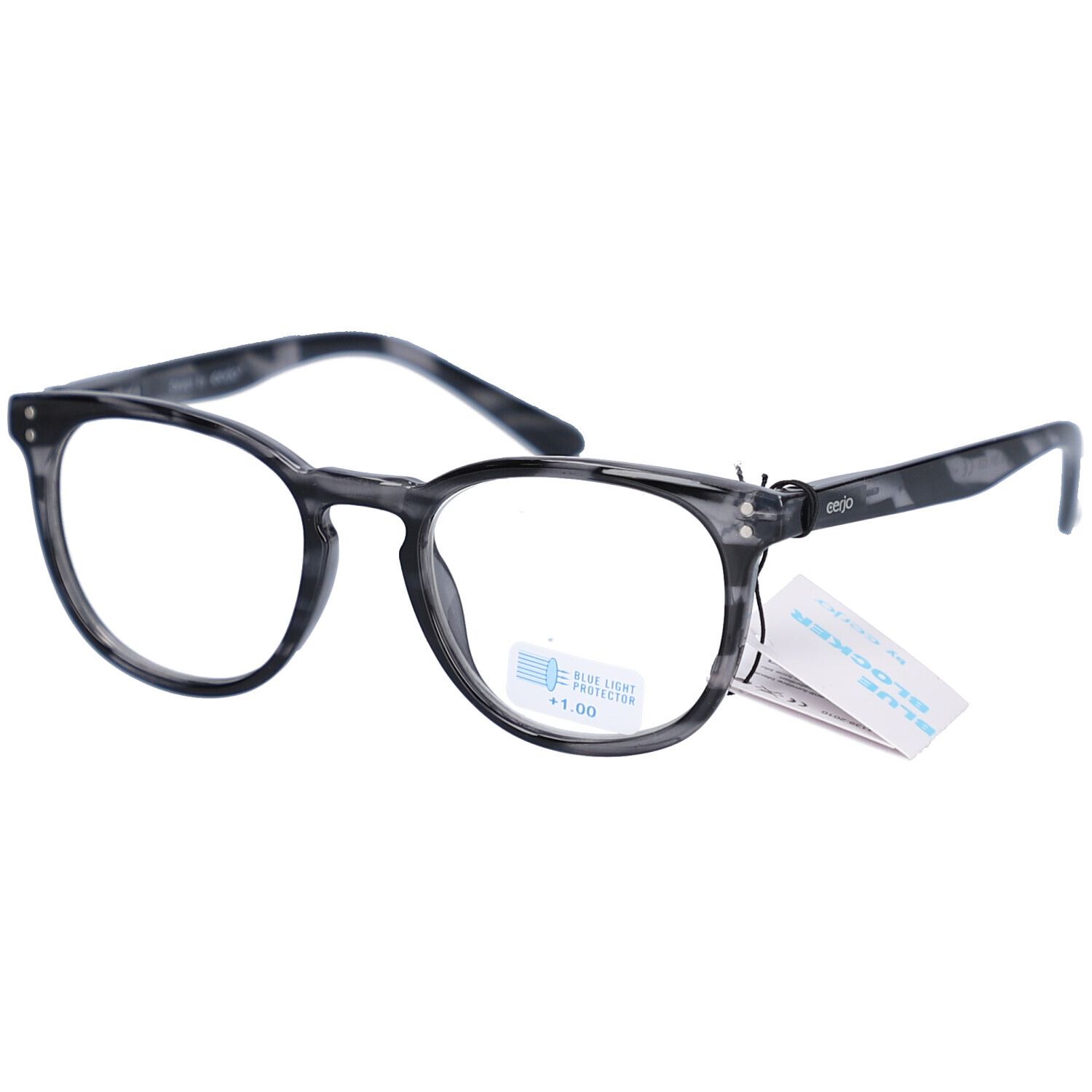 Brille mit grauem Rahmen und runden Gläsern. Ein Etikett zeigt "Blue Light Protection" und "+1.00". Das Gestell hat ein marmoriertes Muster.
