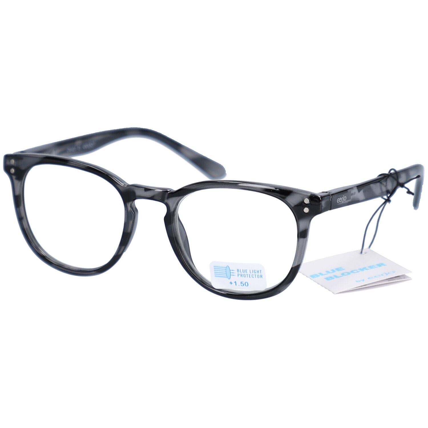 Graue Lesebrille mit runden Gläsern. Blaulichtfilter und Stärke +1.50dpt. Mit Etikett.