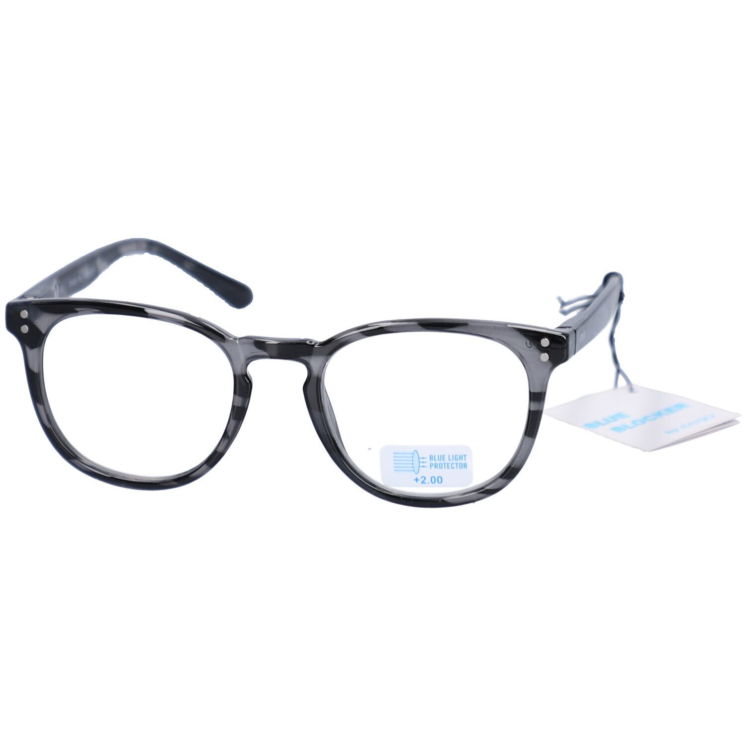 Grau-gemusterte Lesebrille mit runden Gläsern. Ein Etikett hängt am Bügel. Auf dem Glas ist ein Aufkleber mit Text.