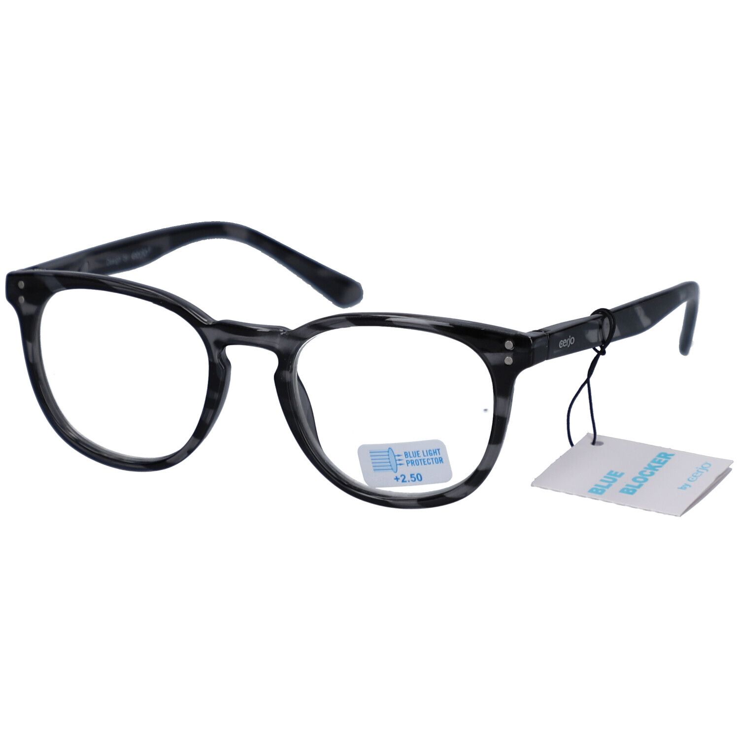 Lunettes à monture grise et verres ronds. Étiquette avec "Blue Blocker". "+2.50" est inscrit sur les verres.