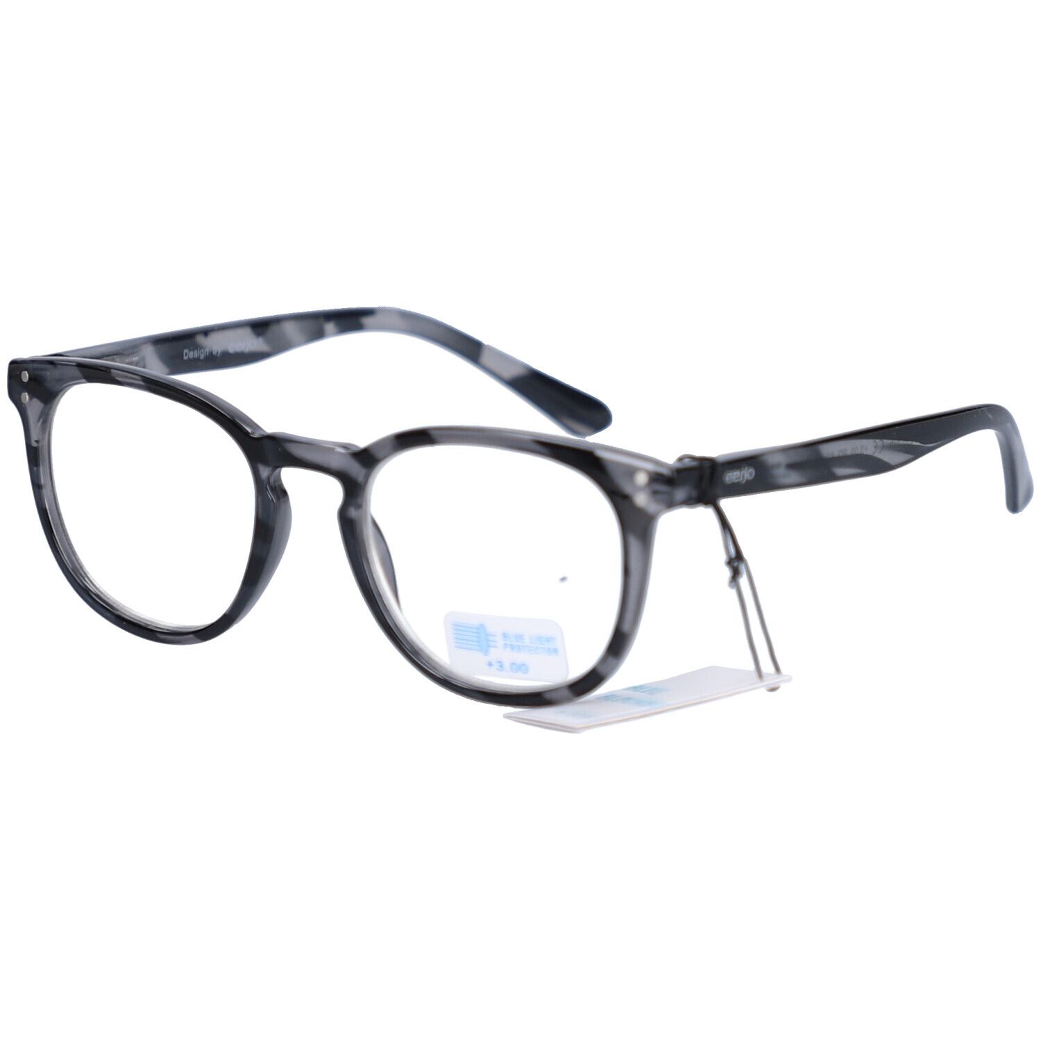 Brille mit grau-meliertem Rahmen und runden Gläsern. Ein Etikett mit Text hängt an einem Bügel. Blaulichtfilter.