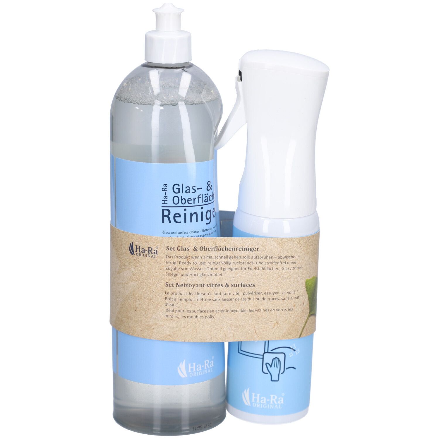 Set Glas- & Oberflächenreiniger. Zwei Flaschen, eine mit Sprühkopf, eine mit Schraubverschluss. Blaue und weiße Etiketten, braune Halterung.