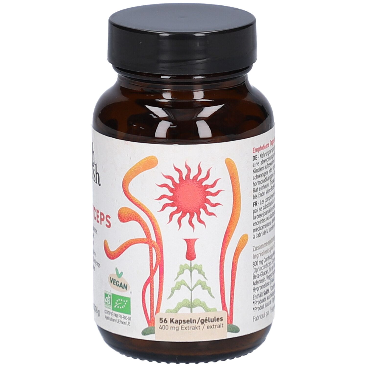Braune Glasflasche mit schwarzen Deckel. Etikett mit Illustrationen und Text. Enthält 56 Kapseln. Vegan.