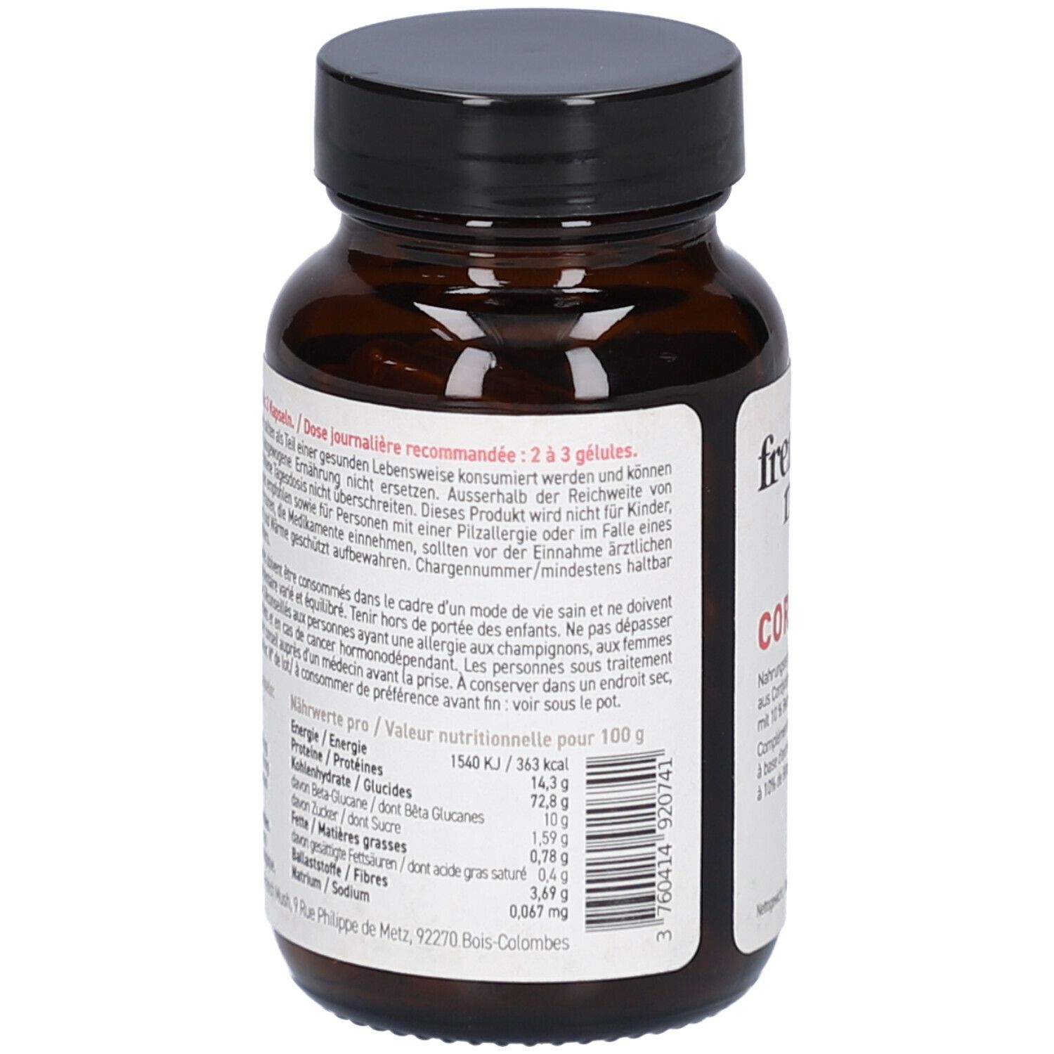 Braune Glasflasche mit schwarzem Deckel. Rückseite mit Text. Nährwertangaben pro 100g. Vegan.