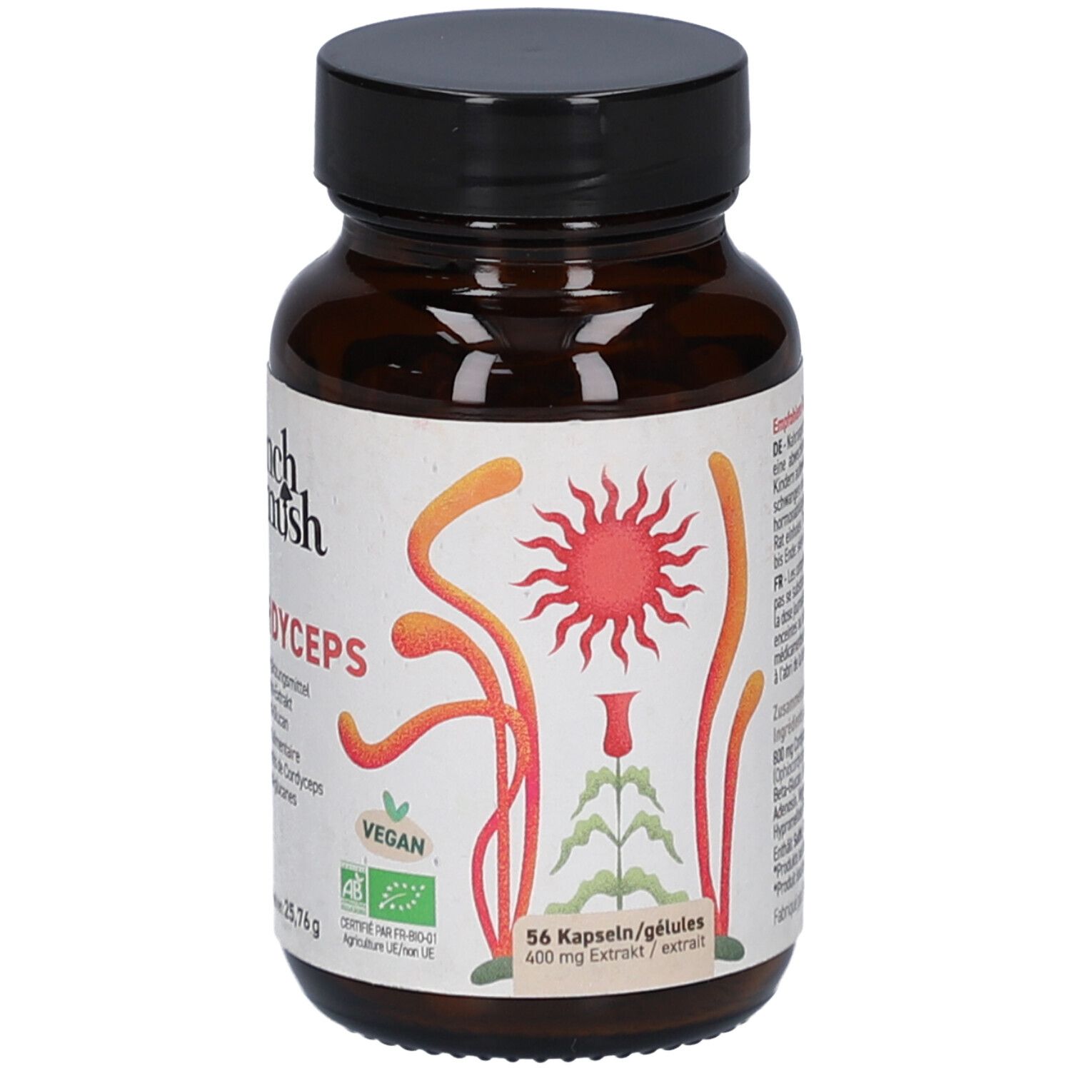 Braune Glasflasche mit schwarzem Deckel. Etikett mit Illustrationen und Text. Enthält 56 Kapseln. Vegan.
