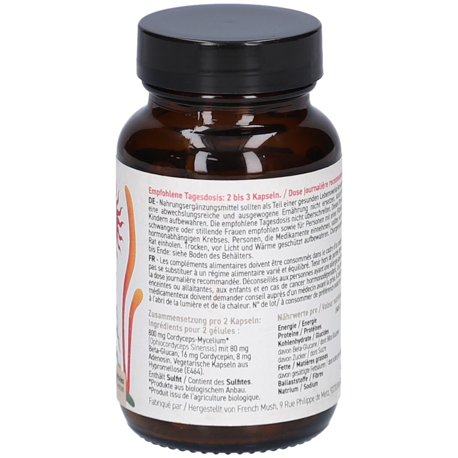 Braune Glasflasche mit schwarzem Deckel. Rückseite mit Text. Zutatenliste und Dosierung. Vegan.