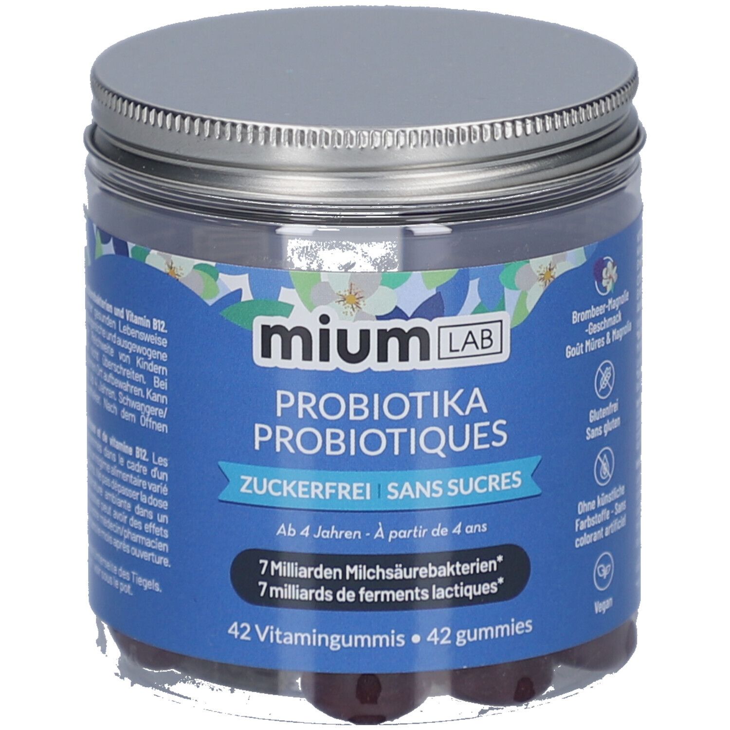 Glas mit MIUMLAB Probiotika Gummies. Deckel silberfarben. Blaue Etiketten mit Produktinformationen und Logo.