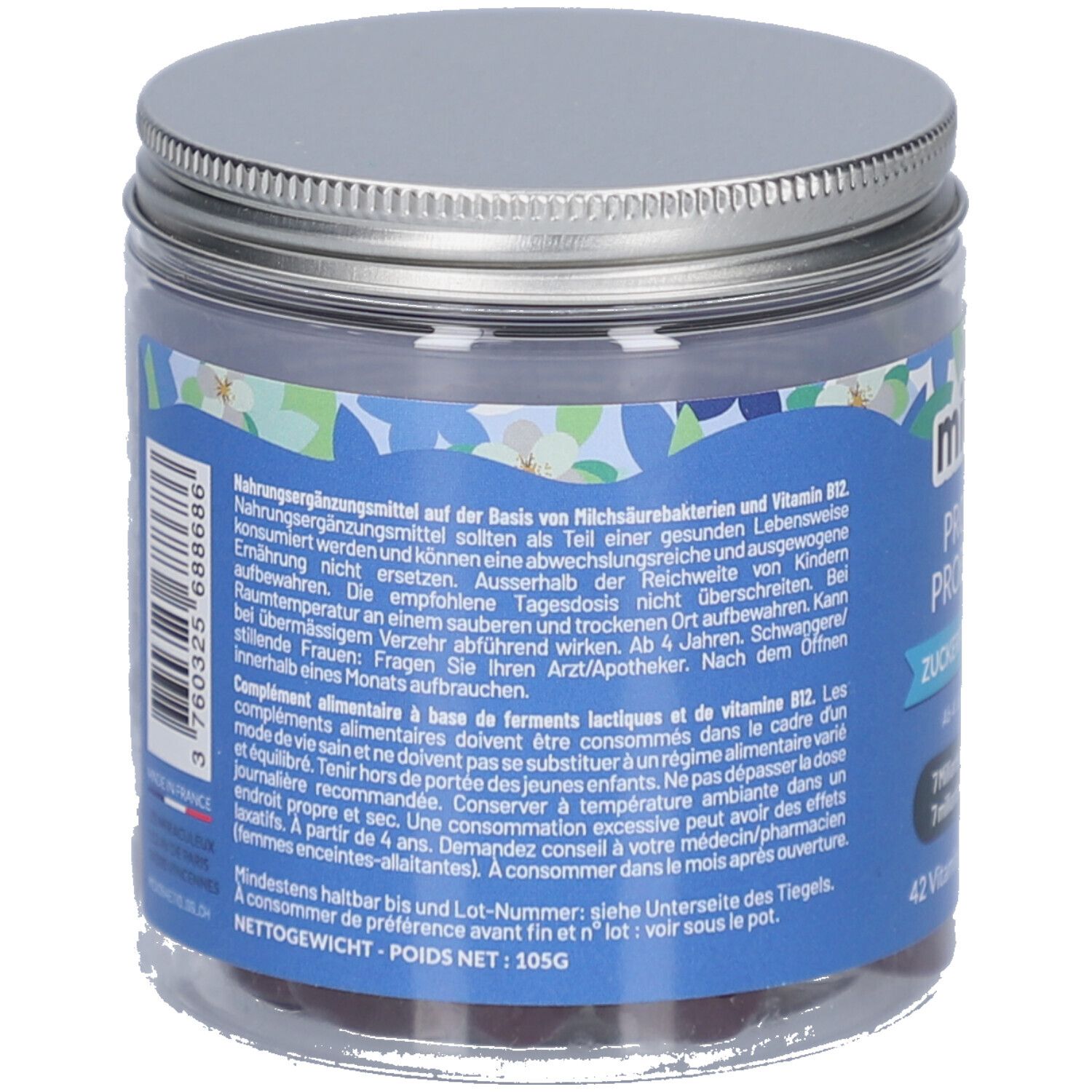 Rückseite des MIUMLAB Probiotika Gummies Behälters. Enthält Informationen zu Inhaltsstoffen und Nährwerten.