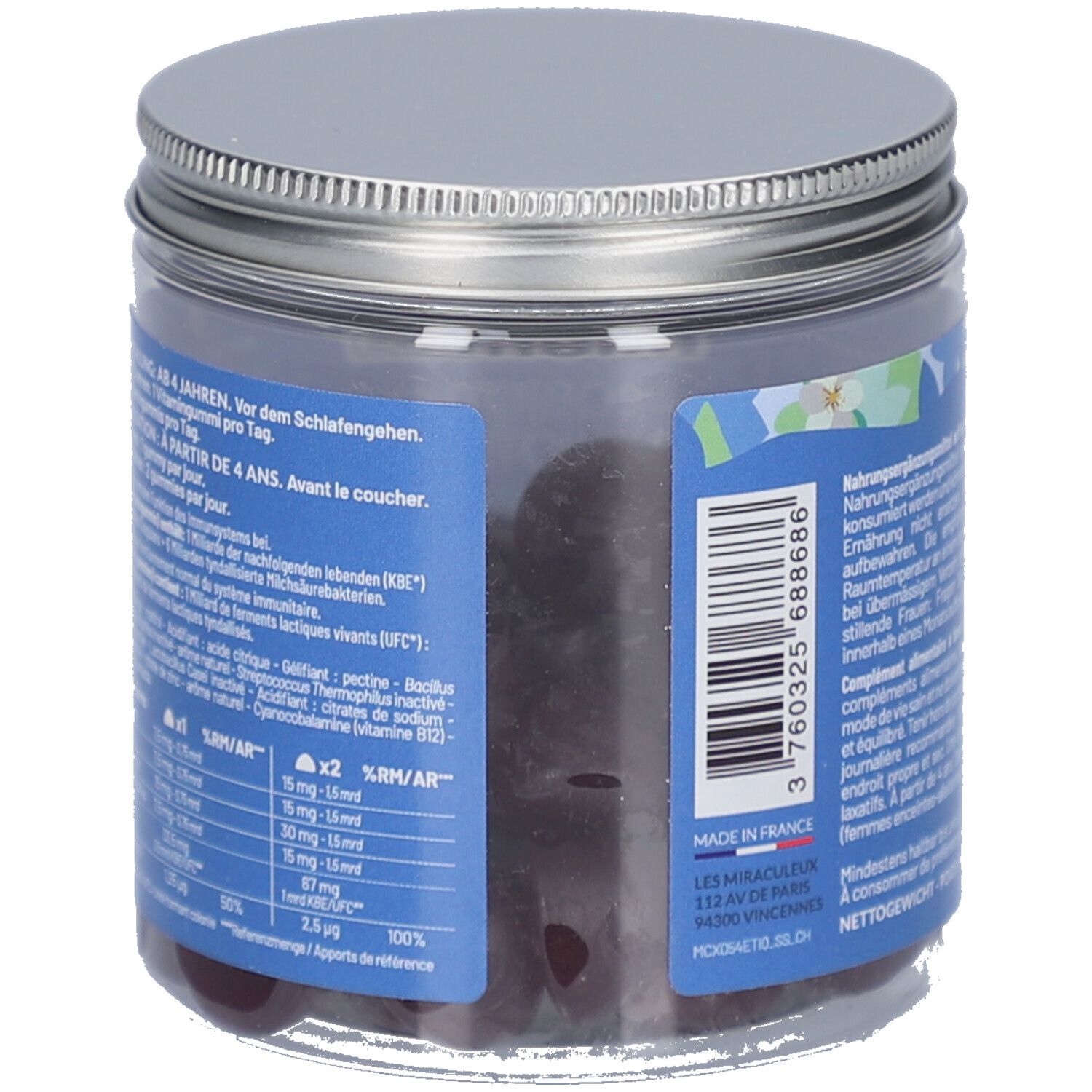 Seite des MIUMLAB Probiotika Gummies Behälters. Enthält Informationen zur Anwendung und Inhaltsstoffe.