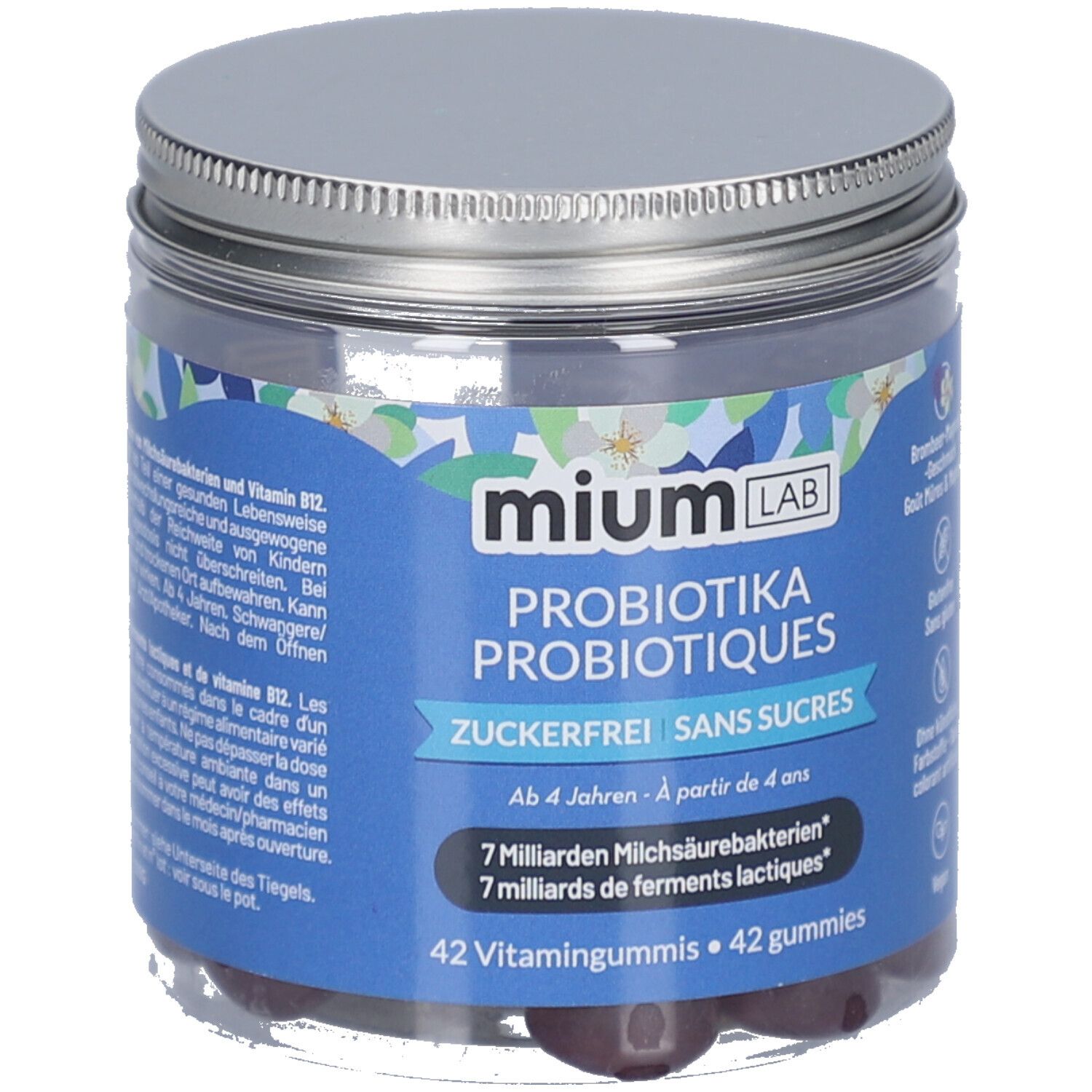 Glas mit MIUMLAB Probiotika Gummies. Deckel silberfarben. Blaue Etiketten mit Produktinformationen und Logo.