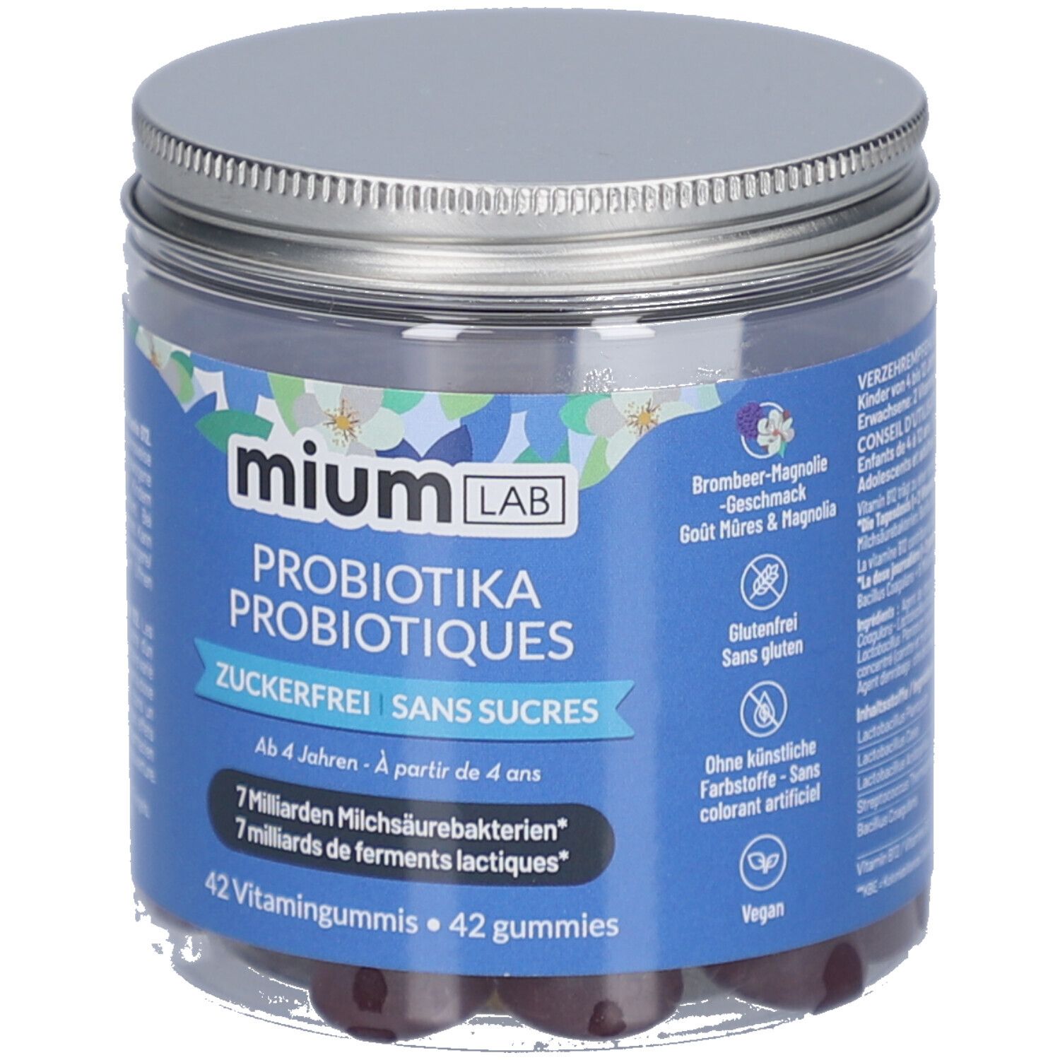 Glas mit MIUMLAB Probiotika Gummies. Deckel silberfarben. Blaue Etiketten mit Produktinformationen und Logo.