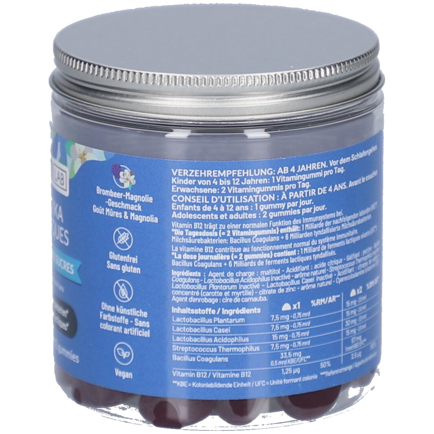 Seite des MIUMLAB Probiotika Gummies Behälters. Enthält Informationen zur Anwendung und Inhaltsstoffe.