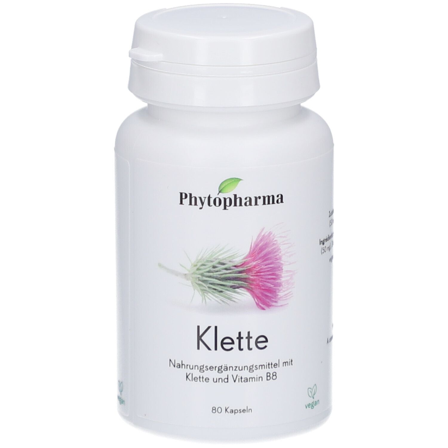 Weiße Flasche mit Kapseln. Aufschrift: Phytopharma, Klette, Nahrungsergänzungsmittel mit Klette und Vitamin B8. 80 Kapseln.