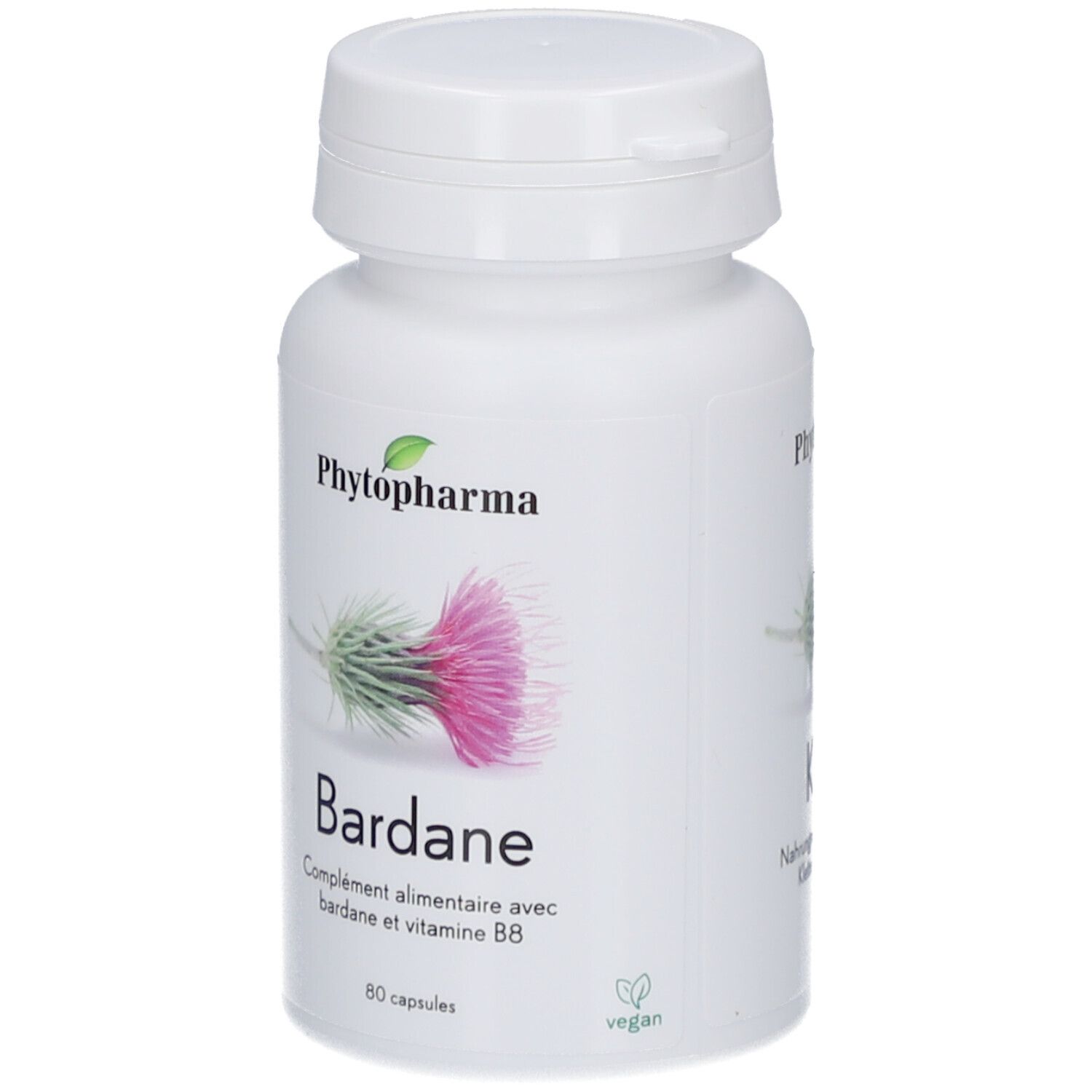 Weiße Flasche mit Kapseln. Aufschrift: Phytopharma, Bardane, complément alimentaire avec bardane et vitamine B8. 80 capsules.
