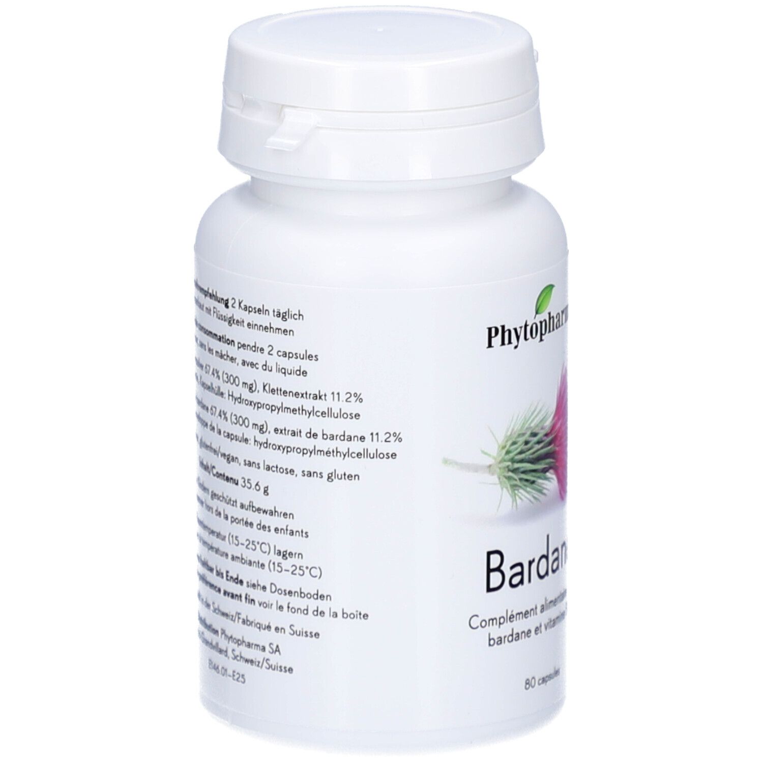 Weiße Flasche mit Kapseln. Aufschrift: Phytopharma, Bardane, complément alimentaire avec bardane et vitamine B8. 80 capsules. Rückseite mit Text.