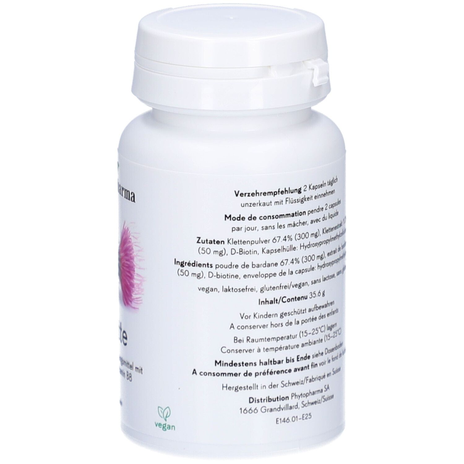 Rückseite einer weißen Flasche mit Kapseln. Text mit Inhaltsstoffen und Verzehrempfehlung. Hergestellt in der Schweiz.