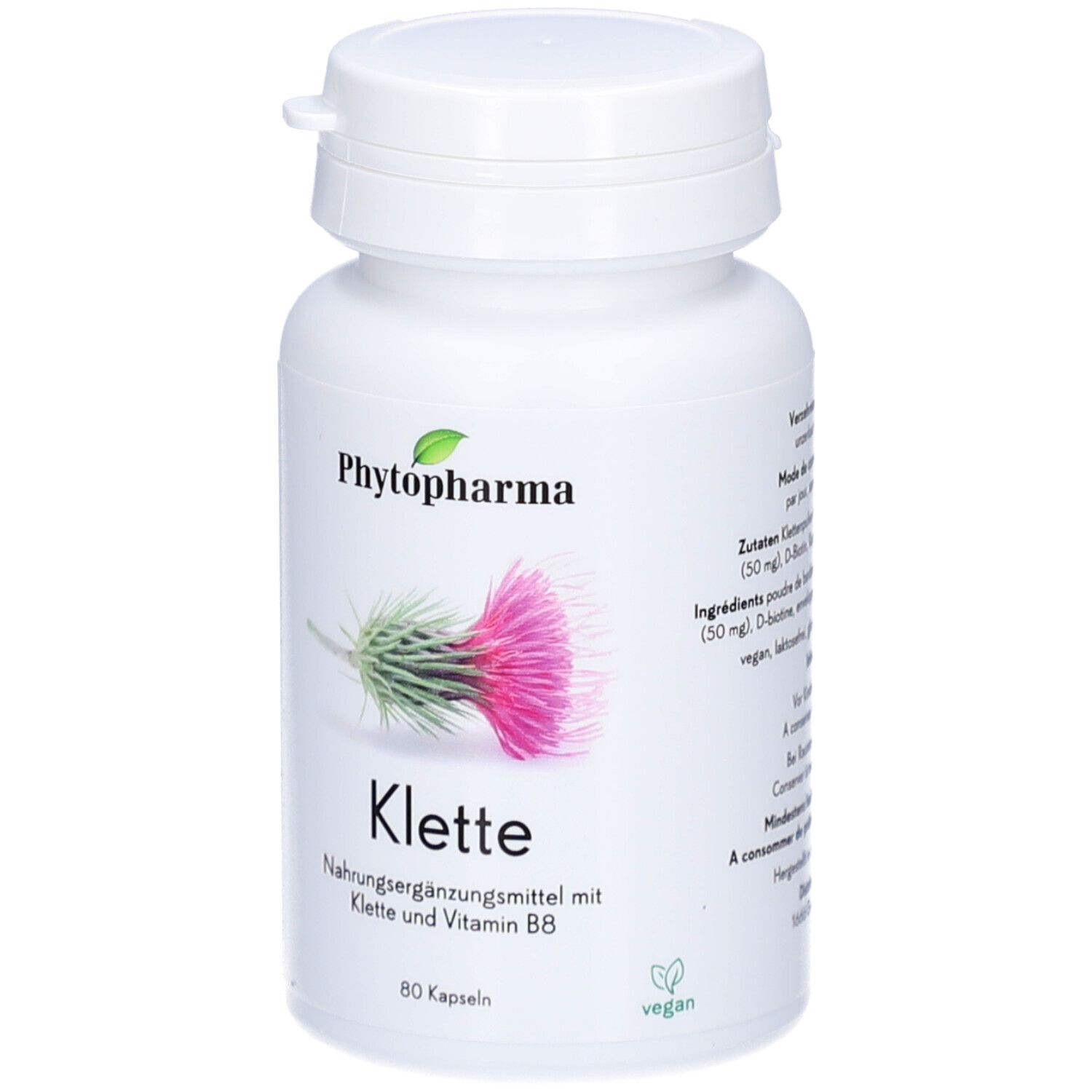 Weiße Flasche mit Kapseln. Aufschrift: Phytopharma, Klette, Nahrungsergänzungsmittel mit Klette und Vitamin B8. 80 Kapseln.