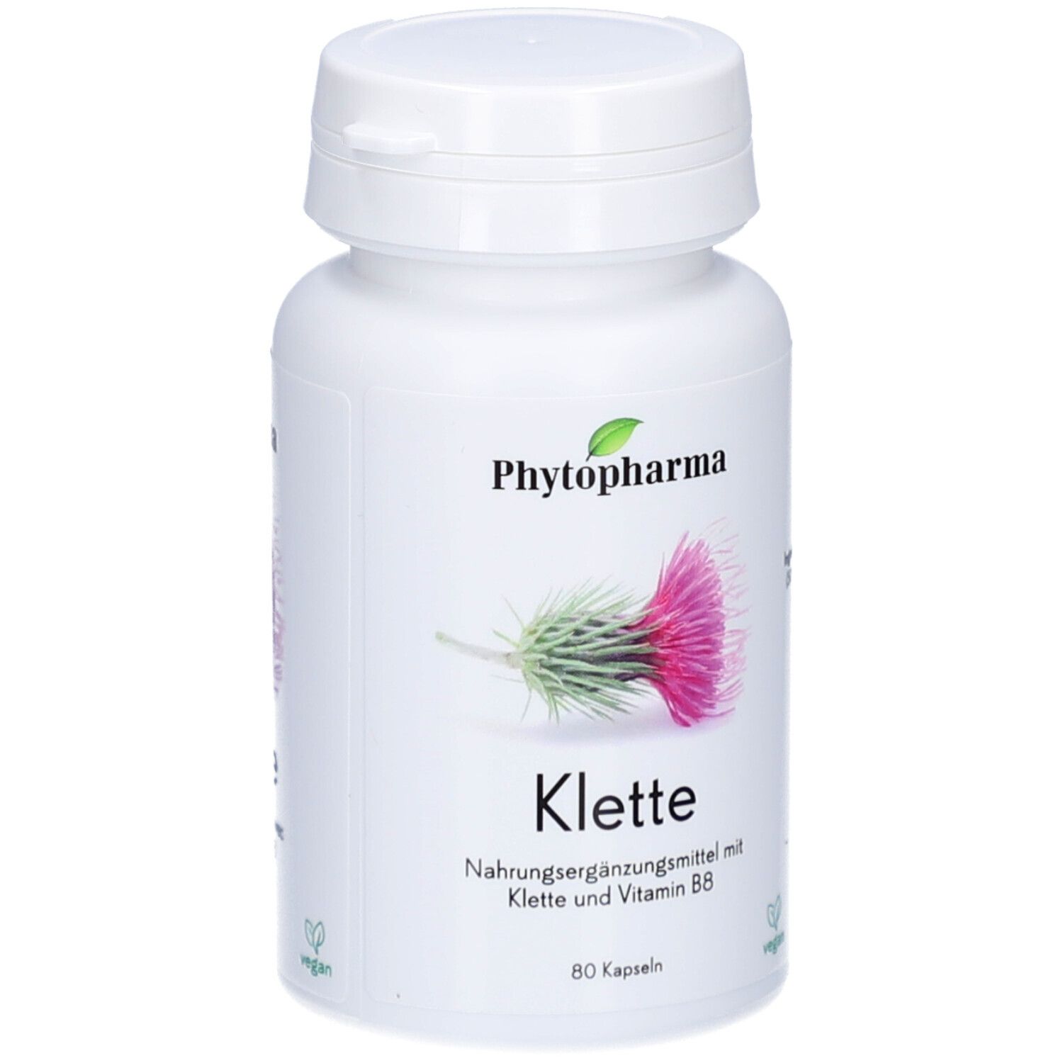 Weiße Flasche mit Kapseln. Aufschrift: Phytopharma, Klette, Nahrungsergänzungsmittel mit Klette und Vitamin B8. 80 Kapseln.