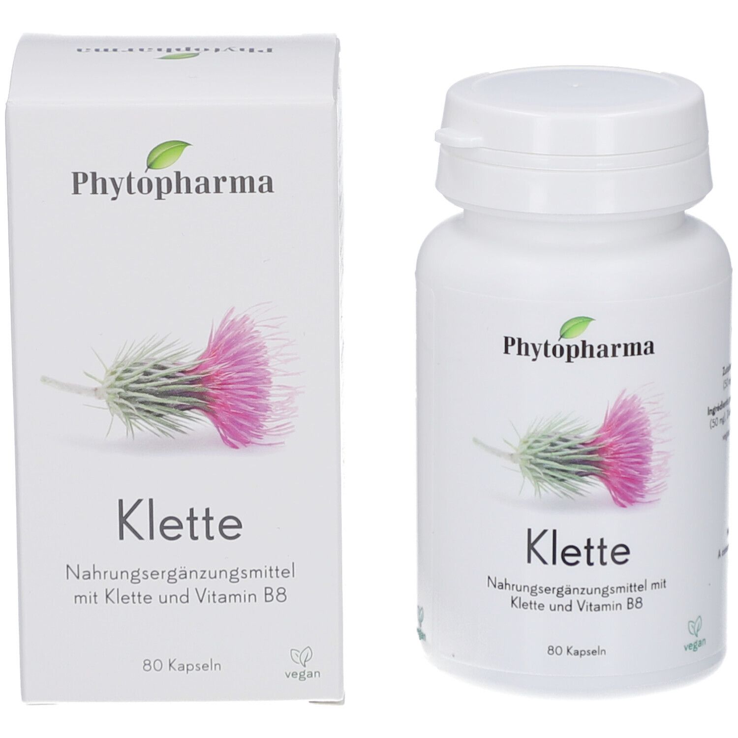 Produktverpackung mit Flasche und Karton. Aufschrift: Phytopharma, Klette, Nahrungsergänzungsmittel mit Klette und Vitamin B8. 80 Kapseln.