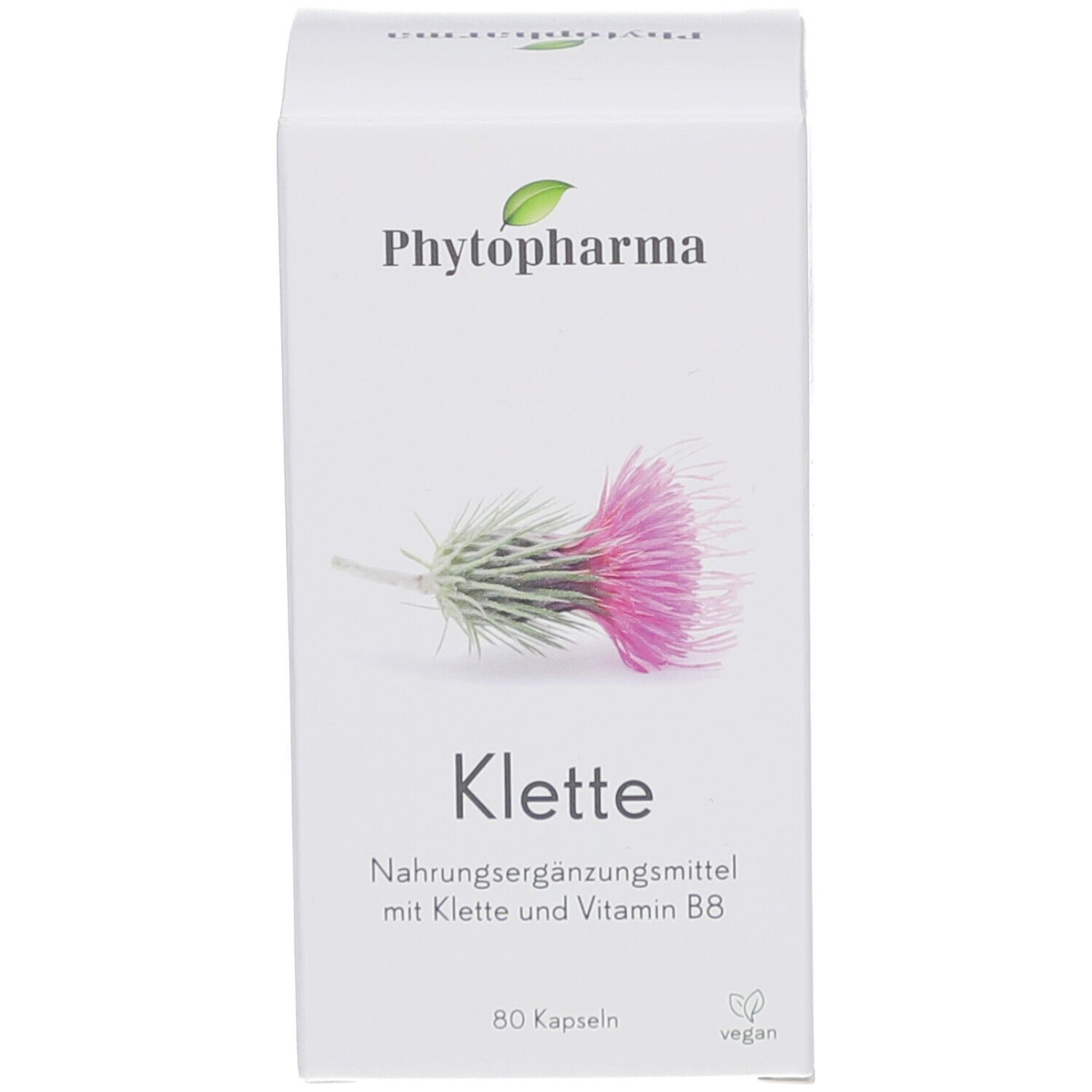 Kartonverpackung. Aufschrift: Phytopharma, Klette, Nahrungsergänzungsmittel mit Klette und Vitamin B8. 80 Kapseln.